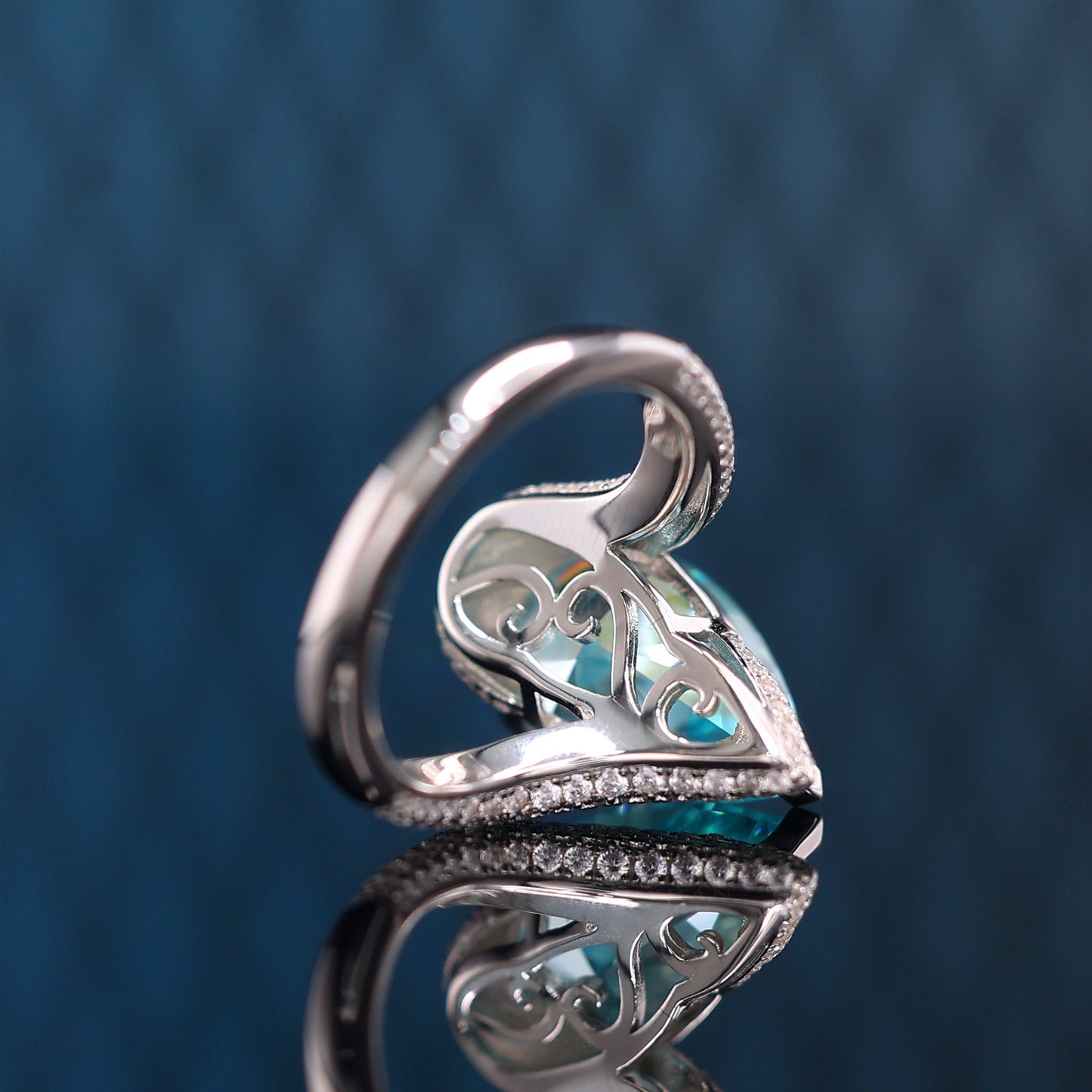Micro-setting Paraiba color Lab created stones detailed teardrop ring (13 carat)