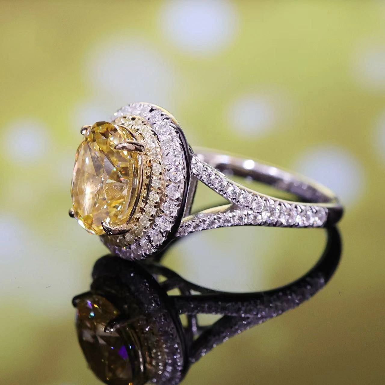 Special offer Micro-setting yellow diamond color Lab created stones pigeon egg ring, sterling silver . double platting