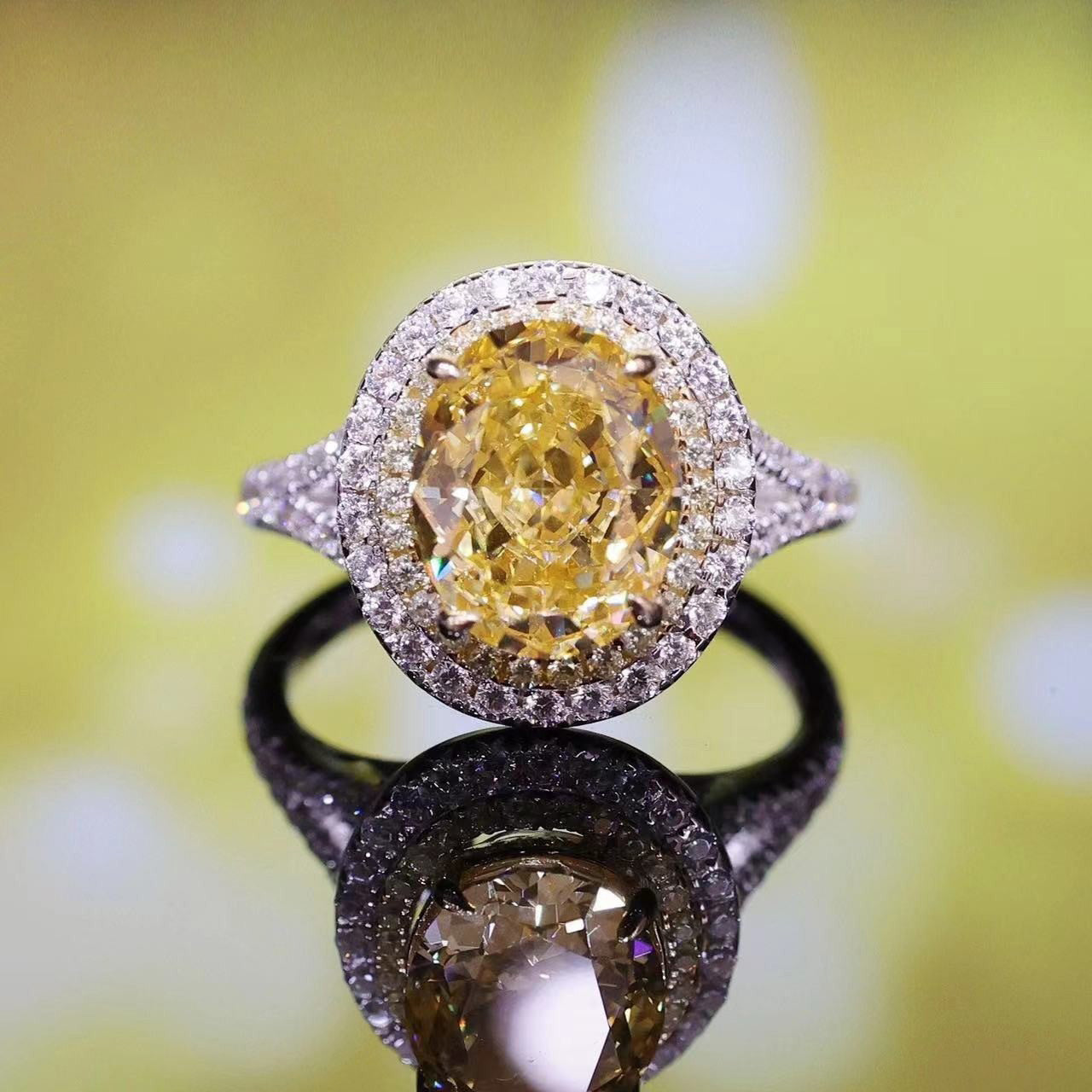 Special offer Micro-setting yellow diamond color Lab created stones pigeon egg ring, sterling silver . double platting