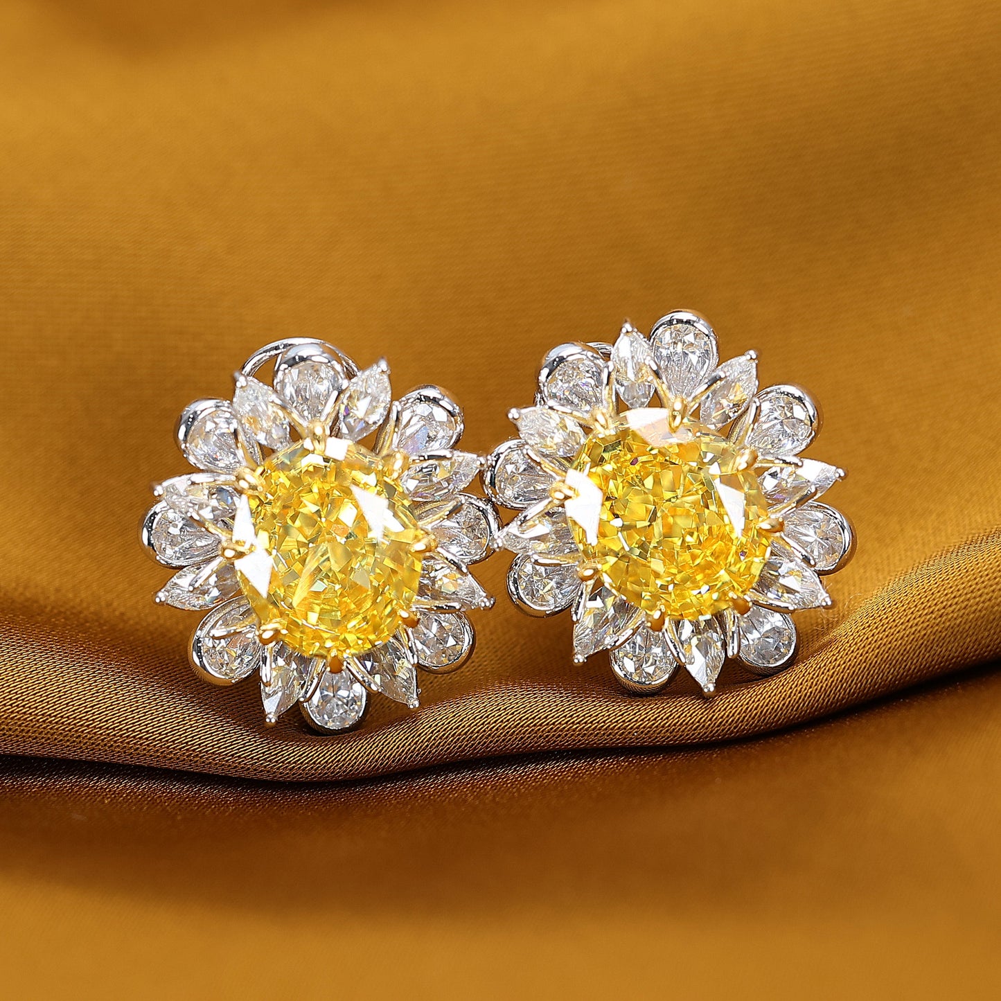 Micro-setting Oval vivid yellow diamond color Lab created stones fancy Sunflower set. ring and earrings, sterling silver