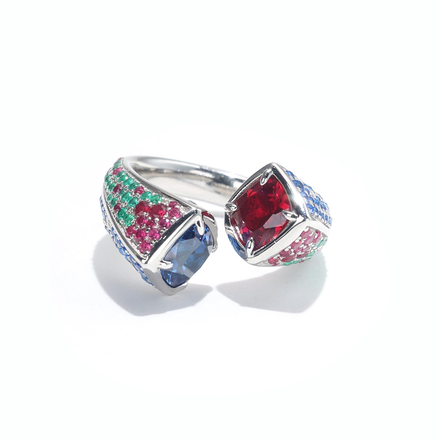 Limited edition Only 1 pieceMicro-setting Ruby and Sapphire color Lab created stones Unique detailed ring, sterling silver