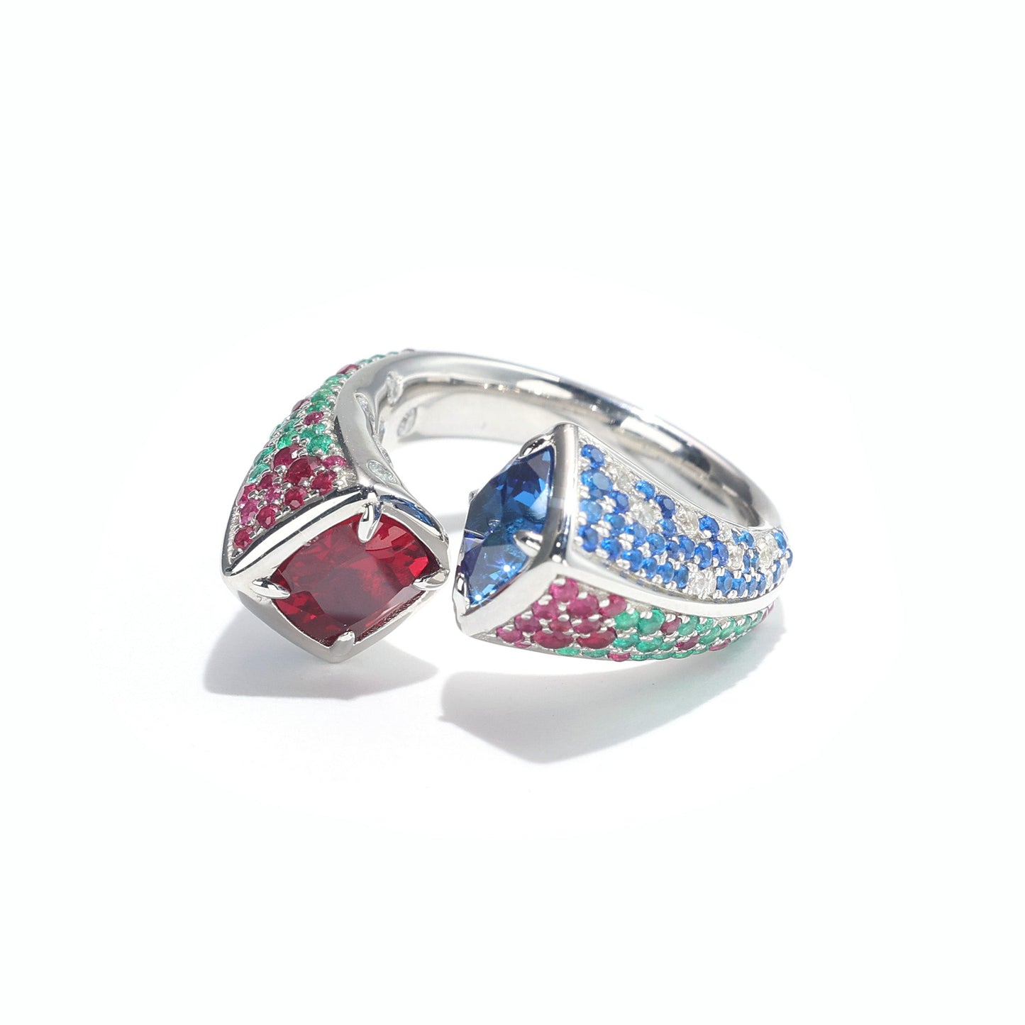 Limited edition Only 1 pieceMicro-setting Ruby and Sapphire color Lab created stones Unique detailed ring, sterling silver