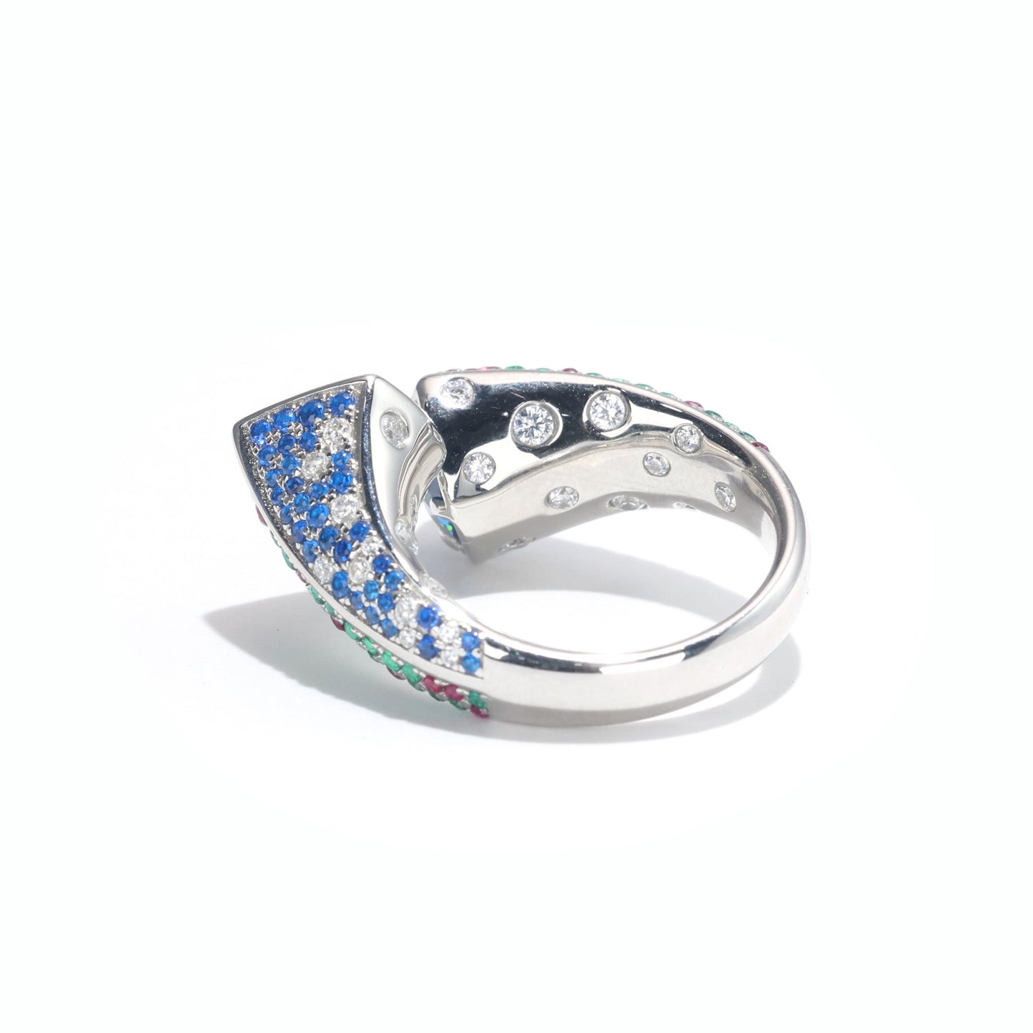 Limited edition Only 1 pieceMicro-setting Ruby and Sapphire color Lab created stones Unique detailed ring, sterling silver
