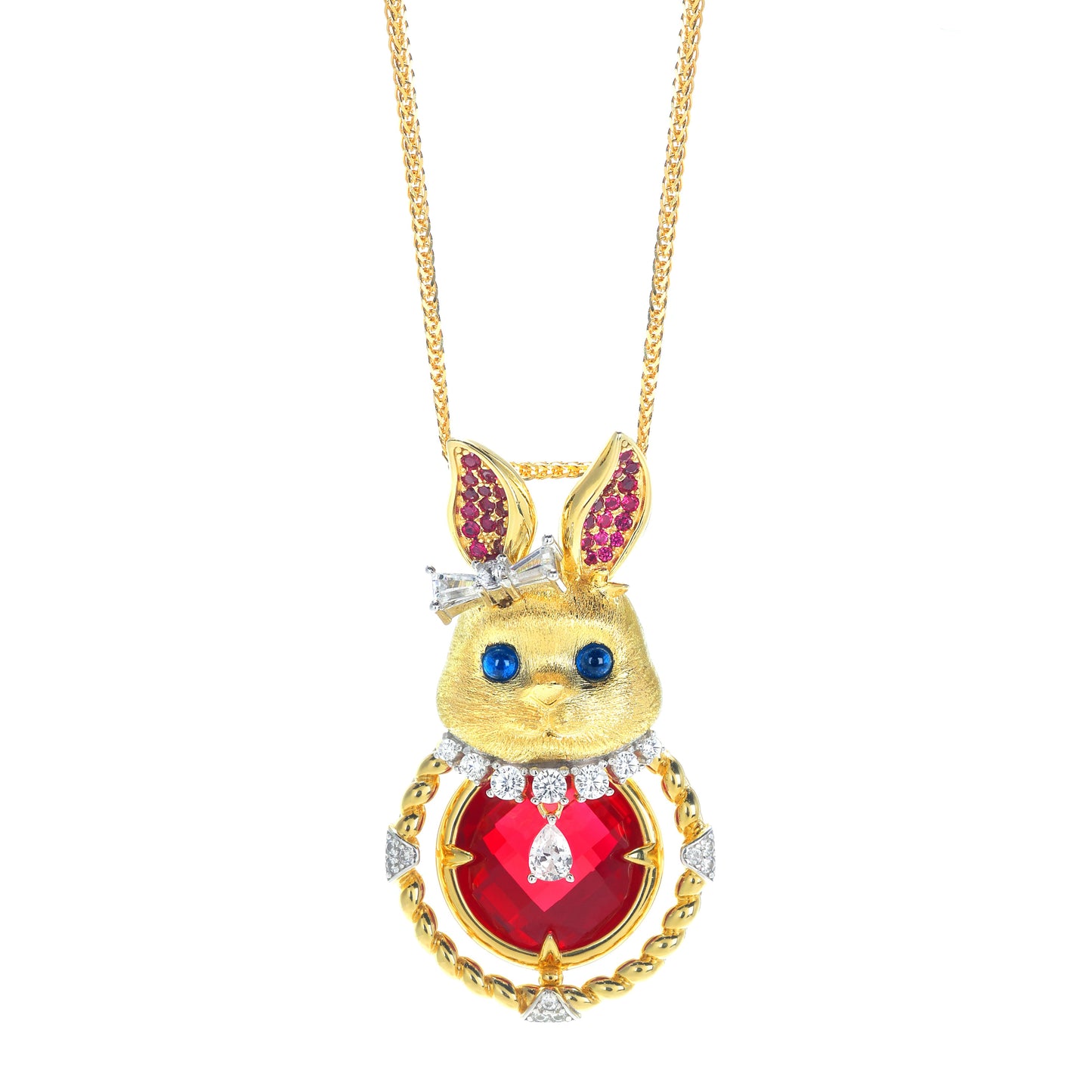 Limited edition Micro-setting Ruby color lab created stones Lucky rabbit rotate pendant, sterling silver