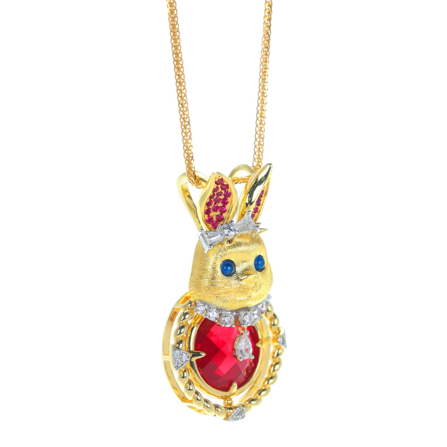 Limited edition Micro-setting Ruby color lab created stones Lucky rabbit rotate pendant, sterling silver