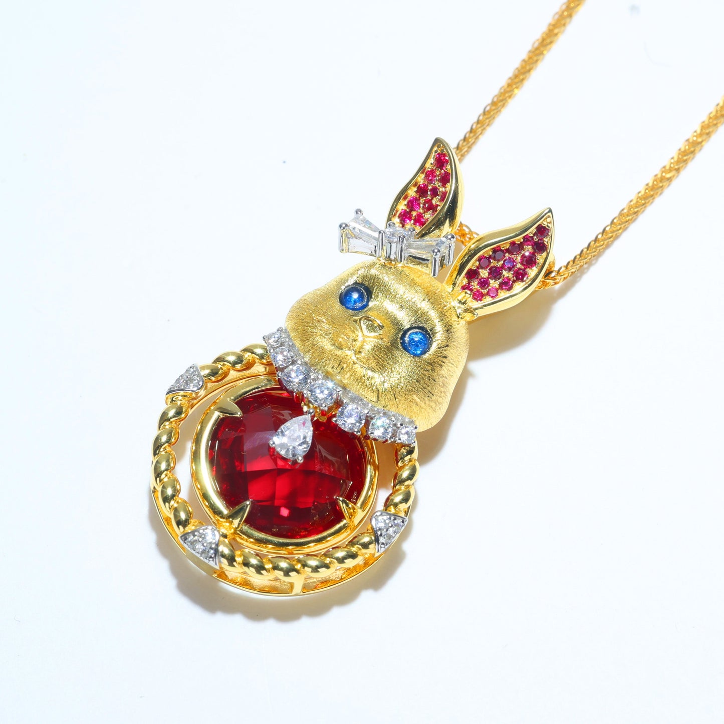 Limited edition Micro-setting Ruby color lab created stones Lucky rabbit rotate pendant, sterling silver