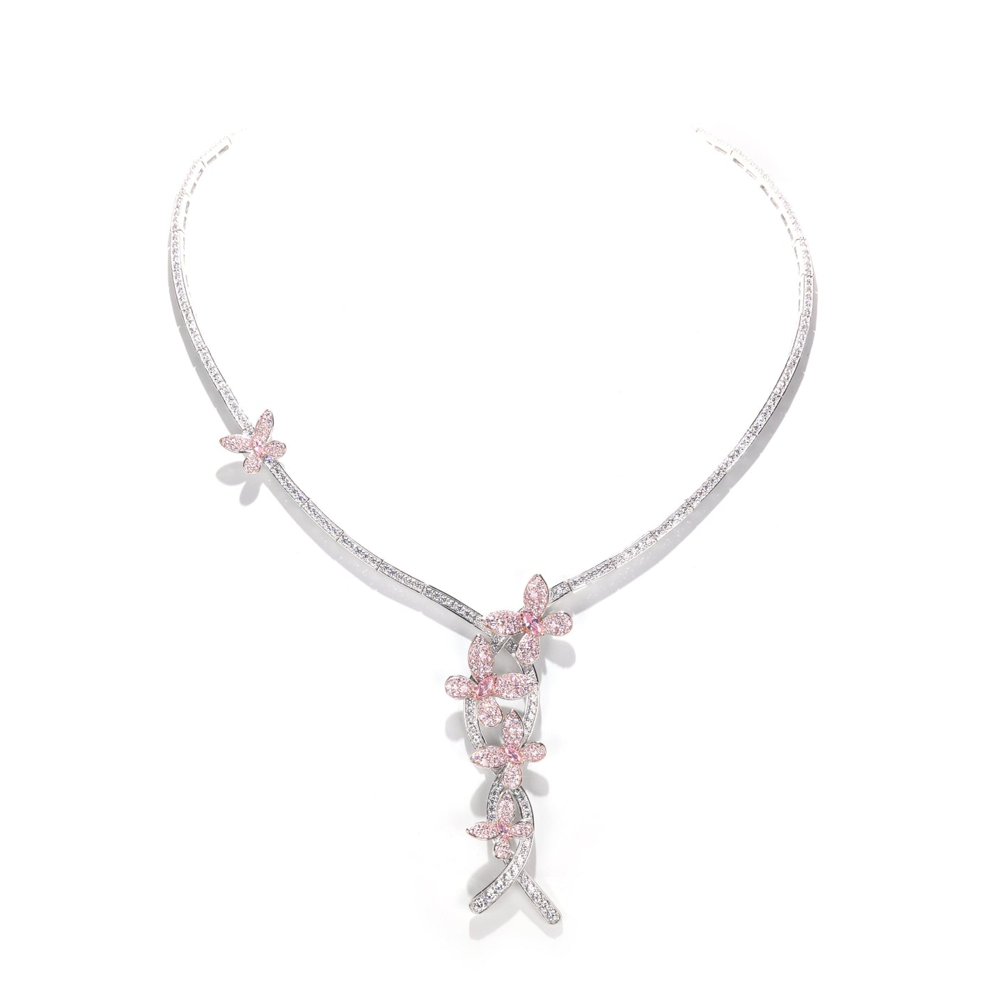 Reservation design Micro-setting Pink and clear diamond color CZ 5 Butterflies Necklace, sterling silver