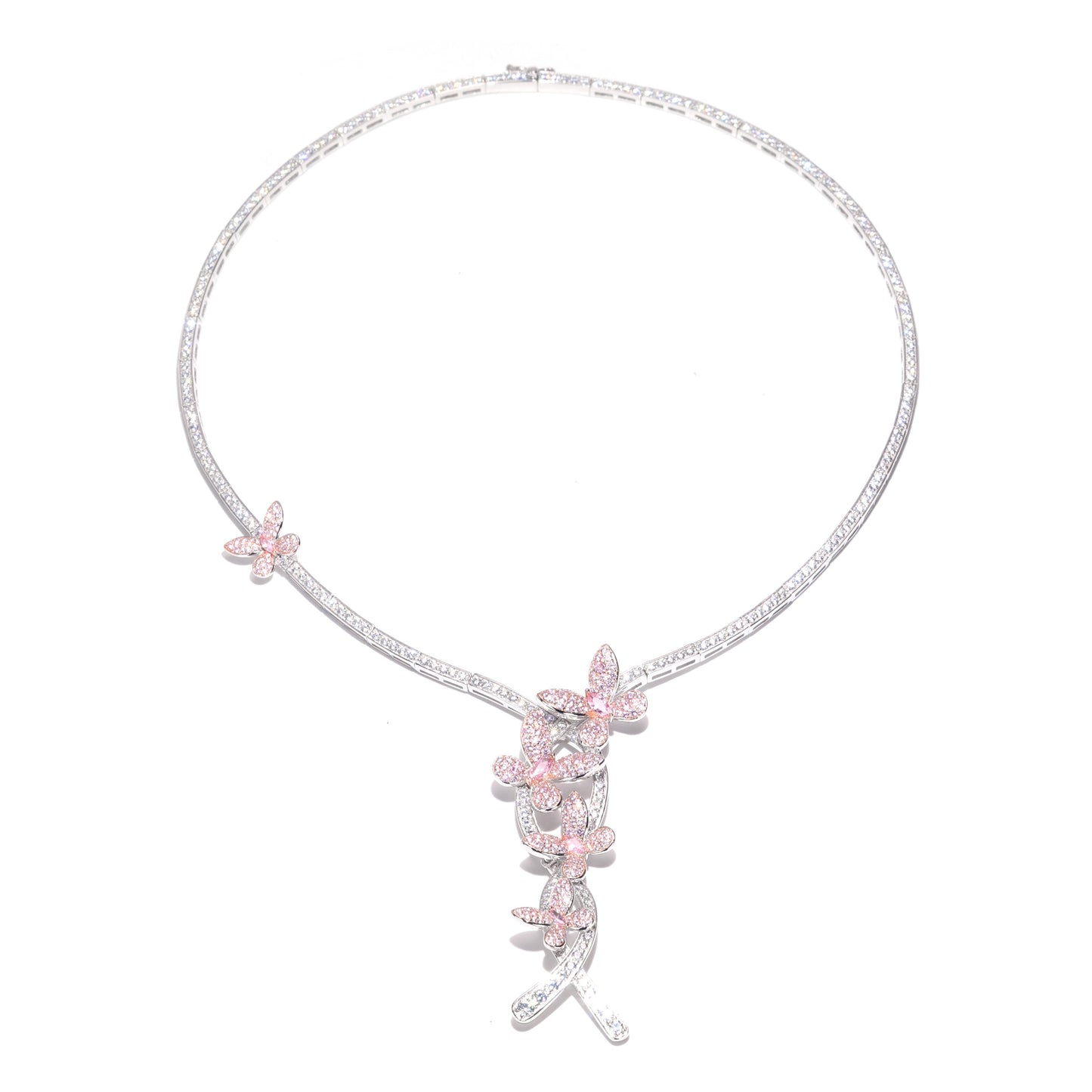 Reservation design Micro-setting Pink and clear diamond color CZ 5 Butterflies Necklace, sterling silver