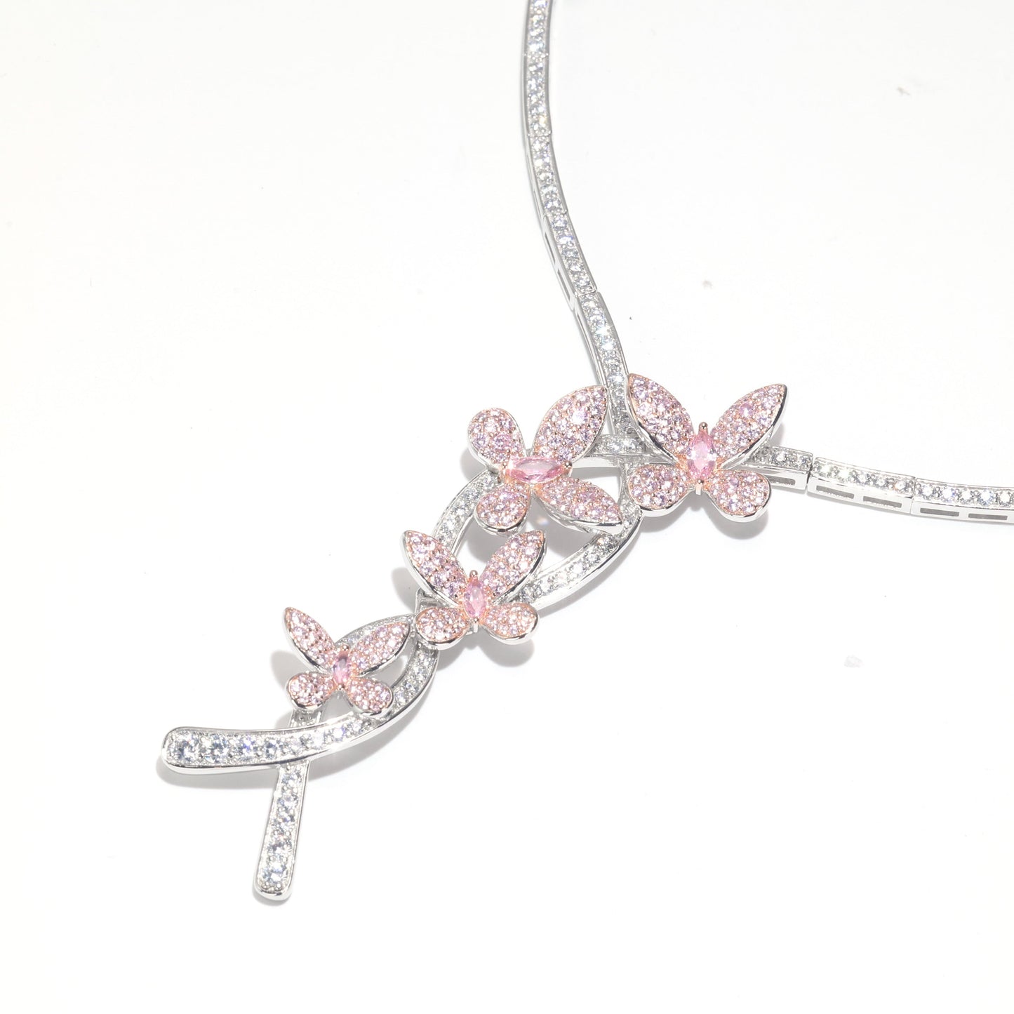 Reservation design Micro-setting Pink and clear diamond color CZ 5 Butterflies Necklace, sterling silver
