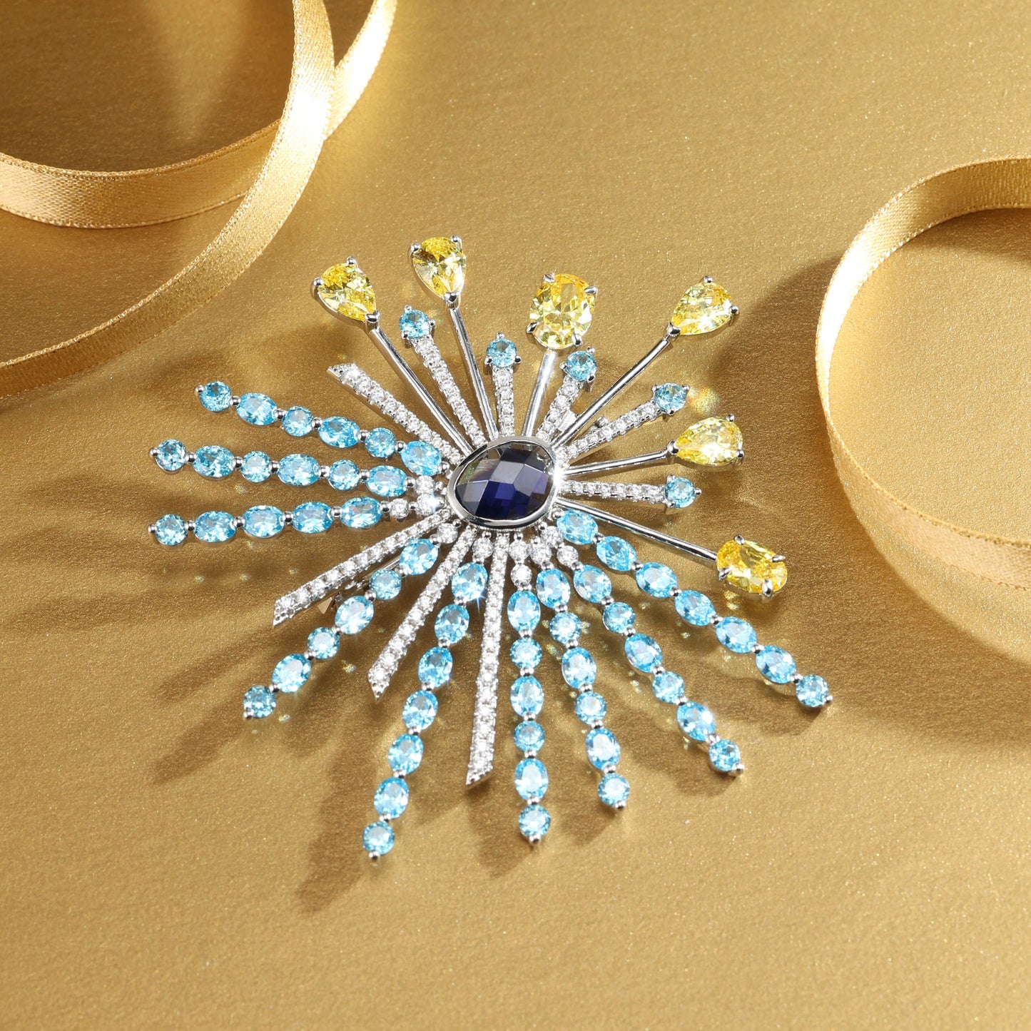 Customized only 1 piece. Micro-setting Aquamarine&yellow diamond&Sapphire color Lab created stones The Firework brooch, sterling silver