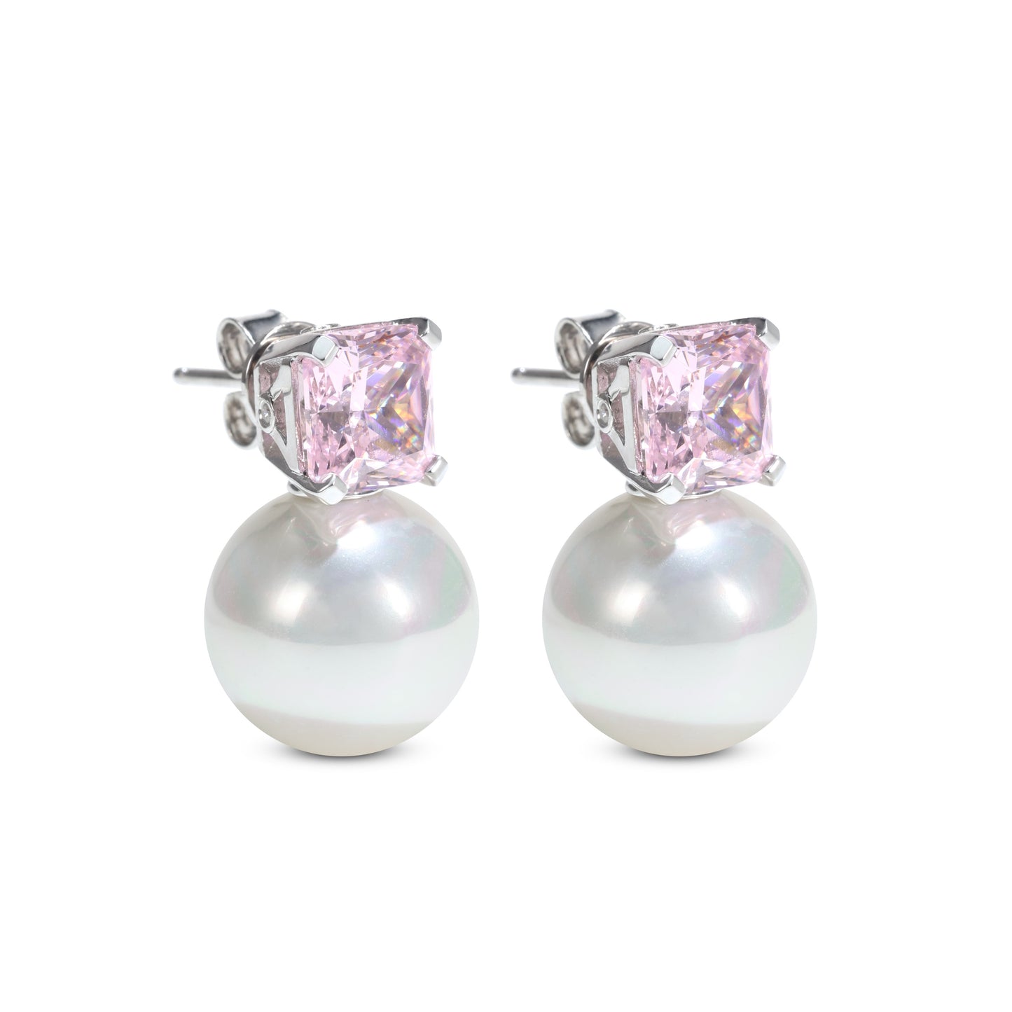 Micro-setting Pink diamond color Lab created stones White shell Pearl earrings, sterling silver