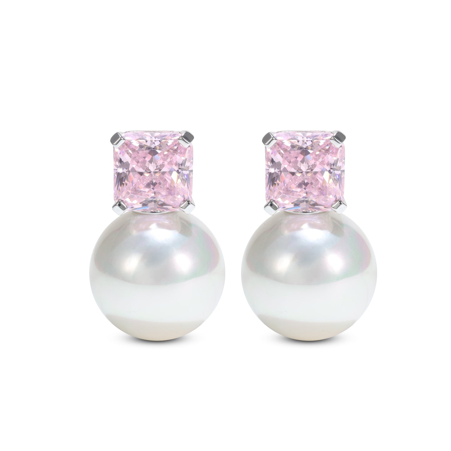 Micro-setting Pink diamond color Lab created stones White shell Pearl earrings, sterling silver