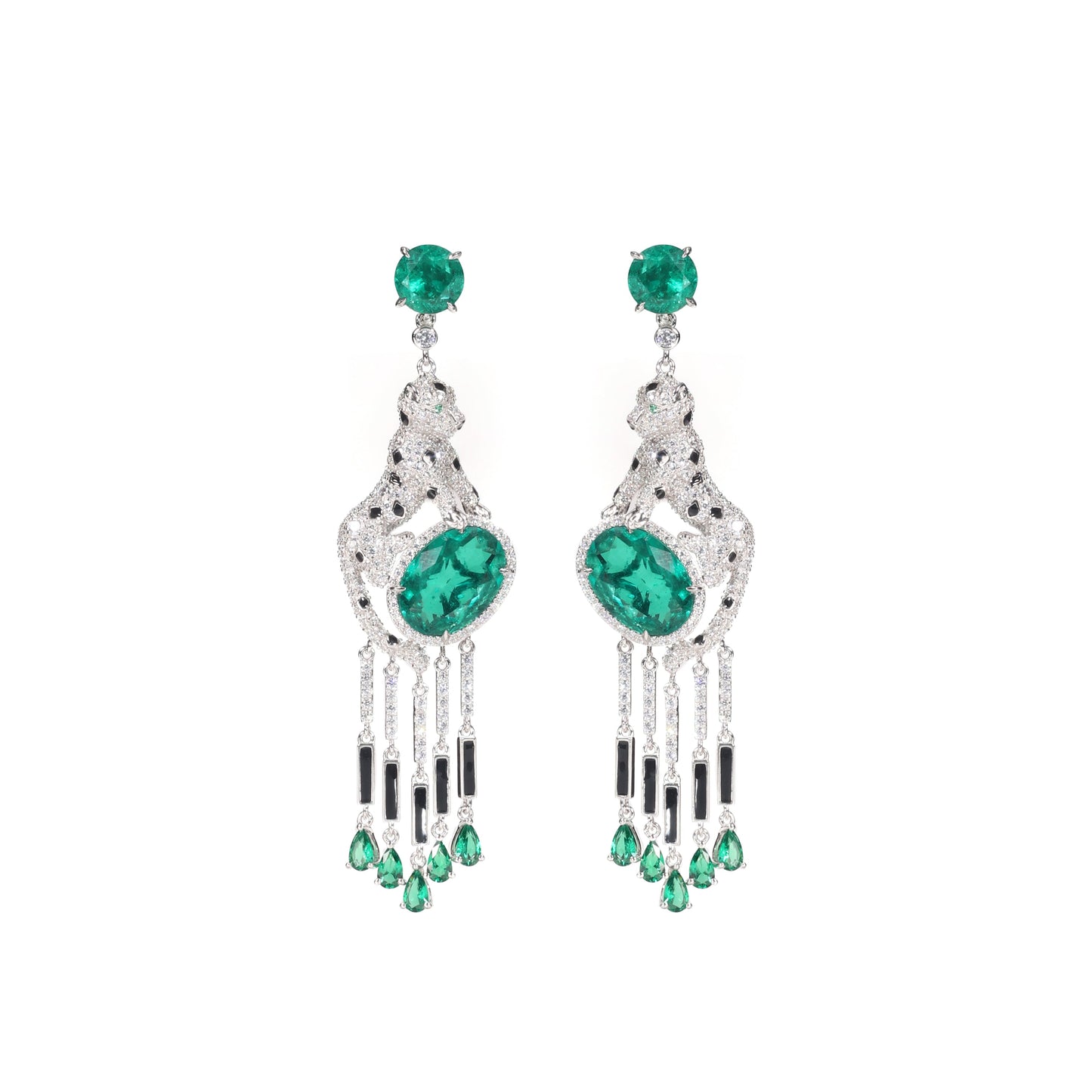 Jaguar selection, featuring stunning artificial emerald and black enamel tassel earrings. sterling silver