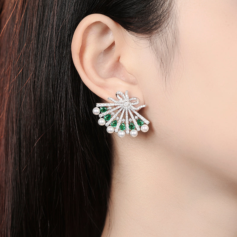 Micro-setting Emerald color lab created stones Snow flower and the secret fan earrings, sterling silver