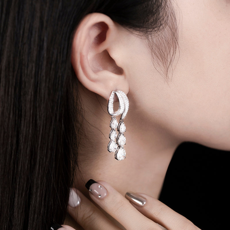 Promotional design Micro-setting Clear diamond color Lab created stones artistic tassel earrings, sterling silver