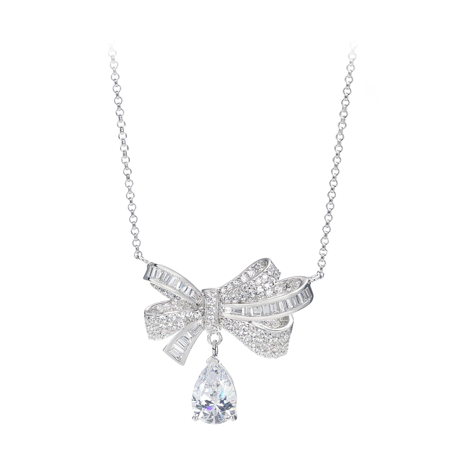 Promotional design Micro-setting Clear diamond color mixed cut lab created stones Bowknot necklace, sterling silver