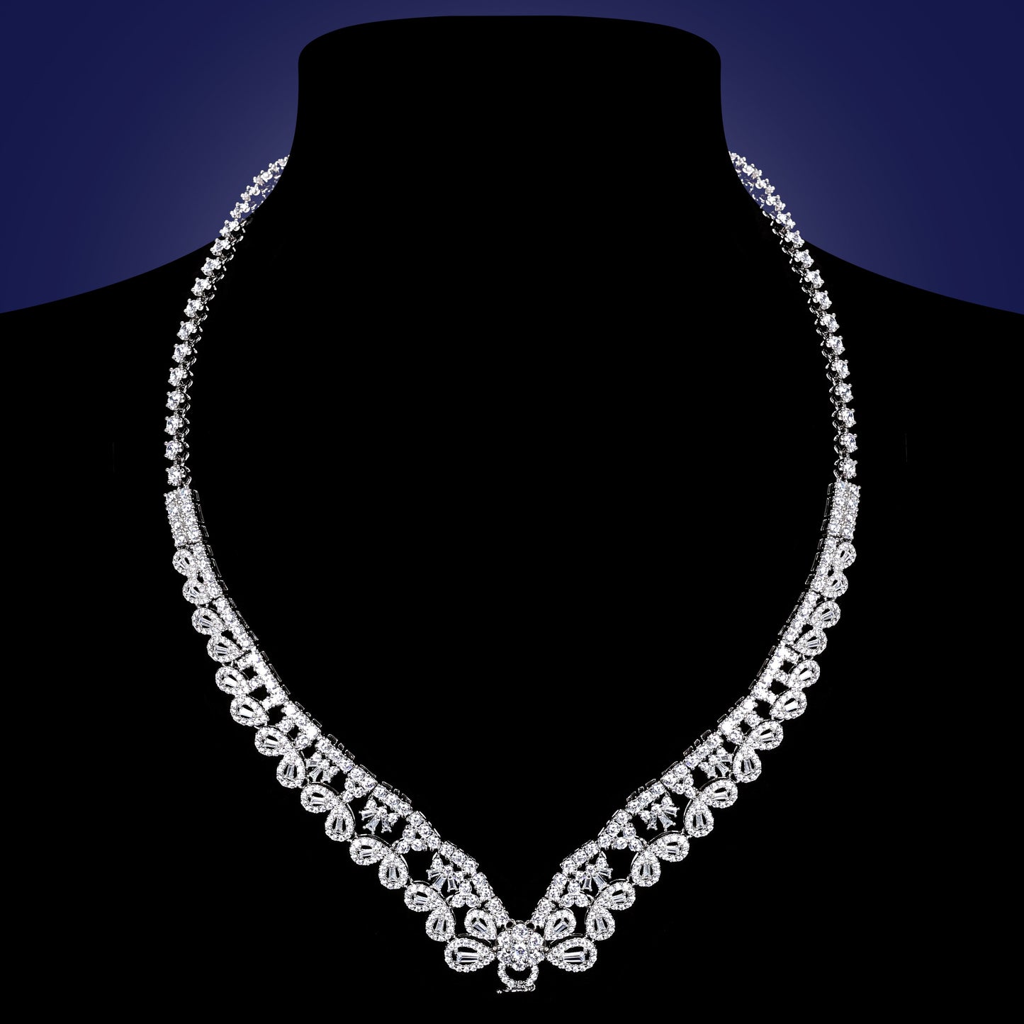 Limited edition Micro-setting Clear diamond color Lab created stones waterdrop multi-purpose hollow out chain necklace, sterling silver.