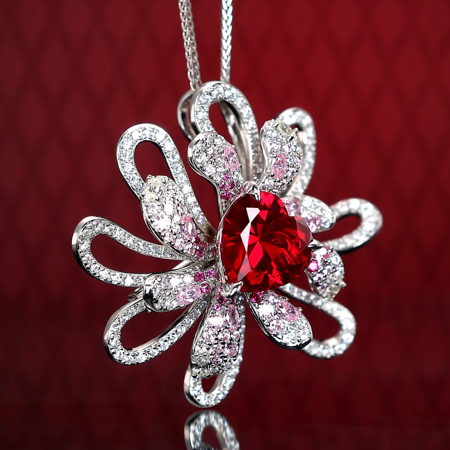 Micro-setting Ruby color Lab created stones Lace heart artistic multi-purpose brooch and pendant, sterling silver