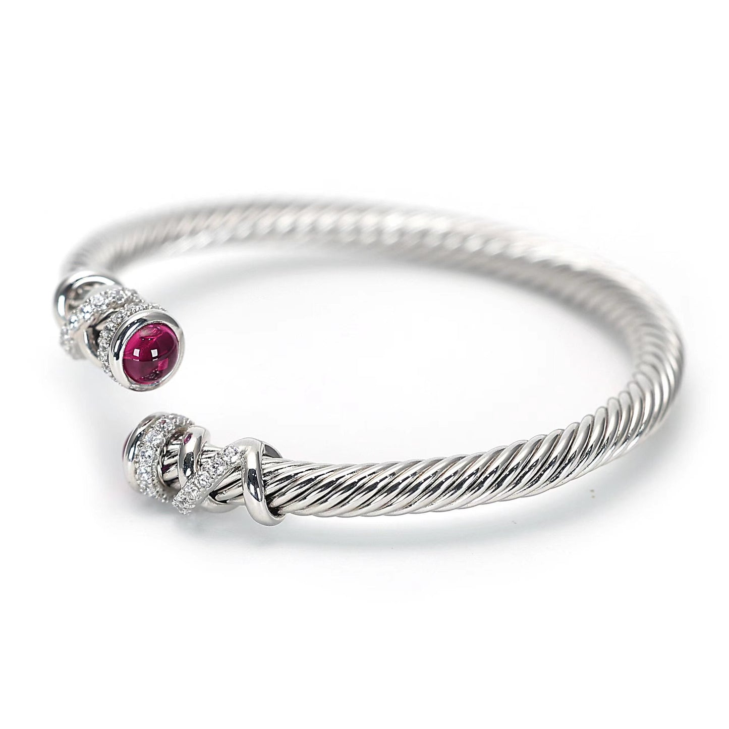 Micro-setting ruby color Lab created stones Modern bangle, sterling silver