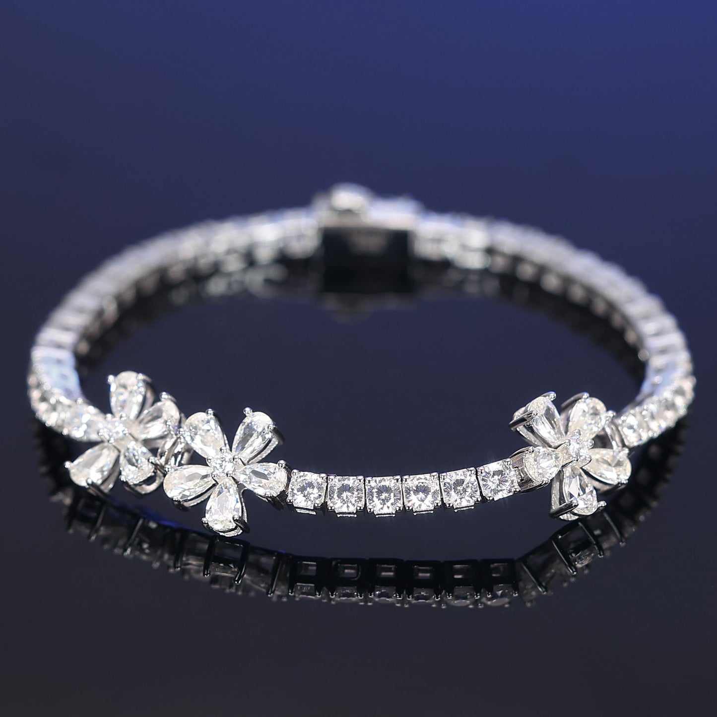 Micro-setting diamond color Lab created stones 3 flowers fully studded bracelet, sterling silver