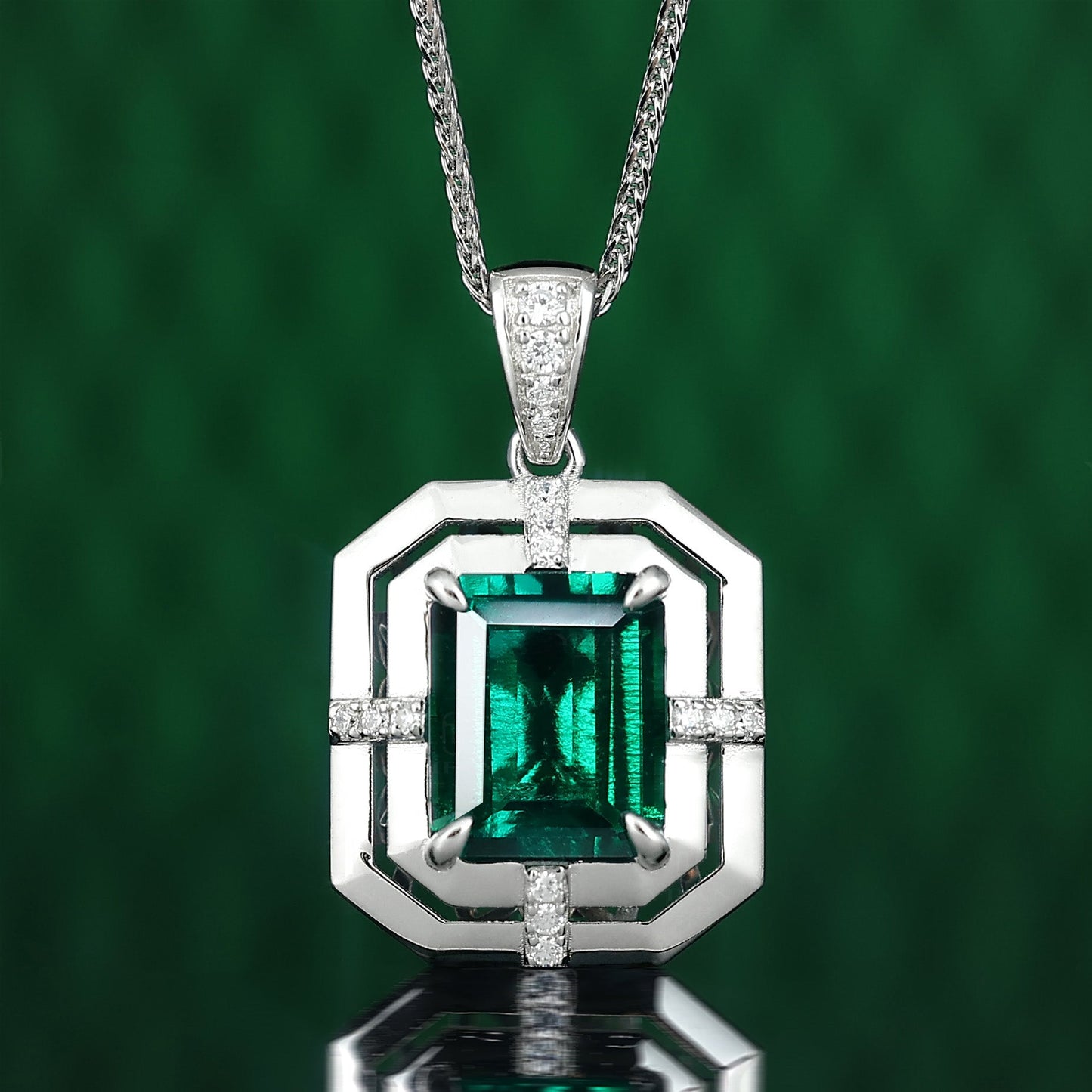 Micro-setting Emerald color Lab created stones Mysterious space necklace, sterling silver (3.6 carat)