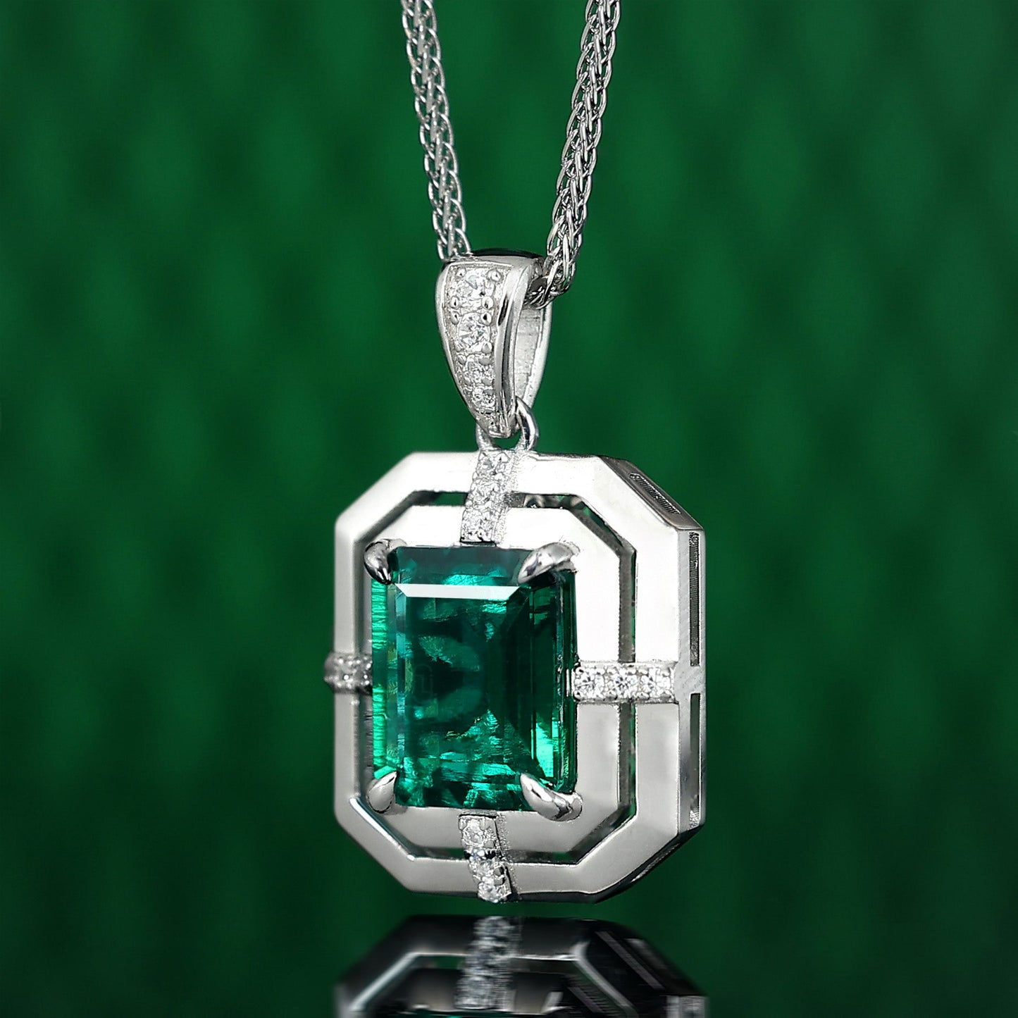 Micro-setting Emerald color Lab created stones Mysterious space necklace, sterling silver (3.6 carat)