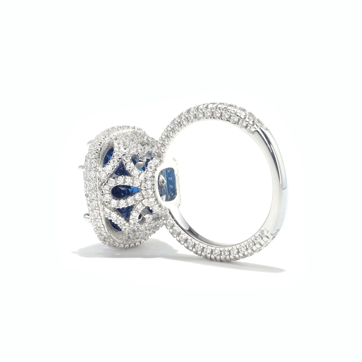 Limited edition Micro-setting Sapphire color Lab created stones streamer Dream weaving Ring , sterling silver