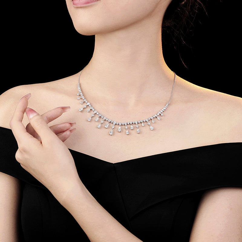 Promotional design Micro-setting Clear diamond color Lab created stones water drop tassel necklace, sterling silver