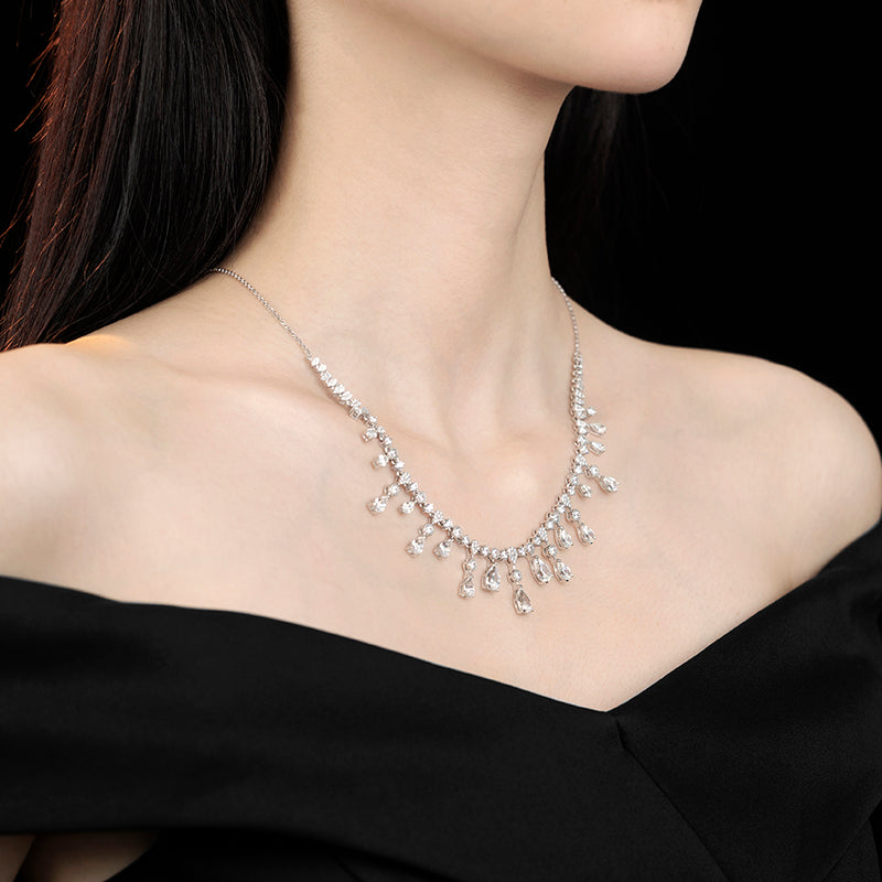 Promotional design Micro-setting Clear diamond color Lab created stones water drop tassel necklace, sterling silver