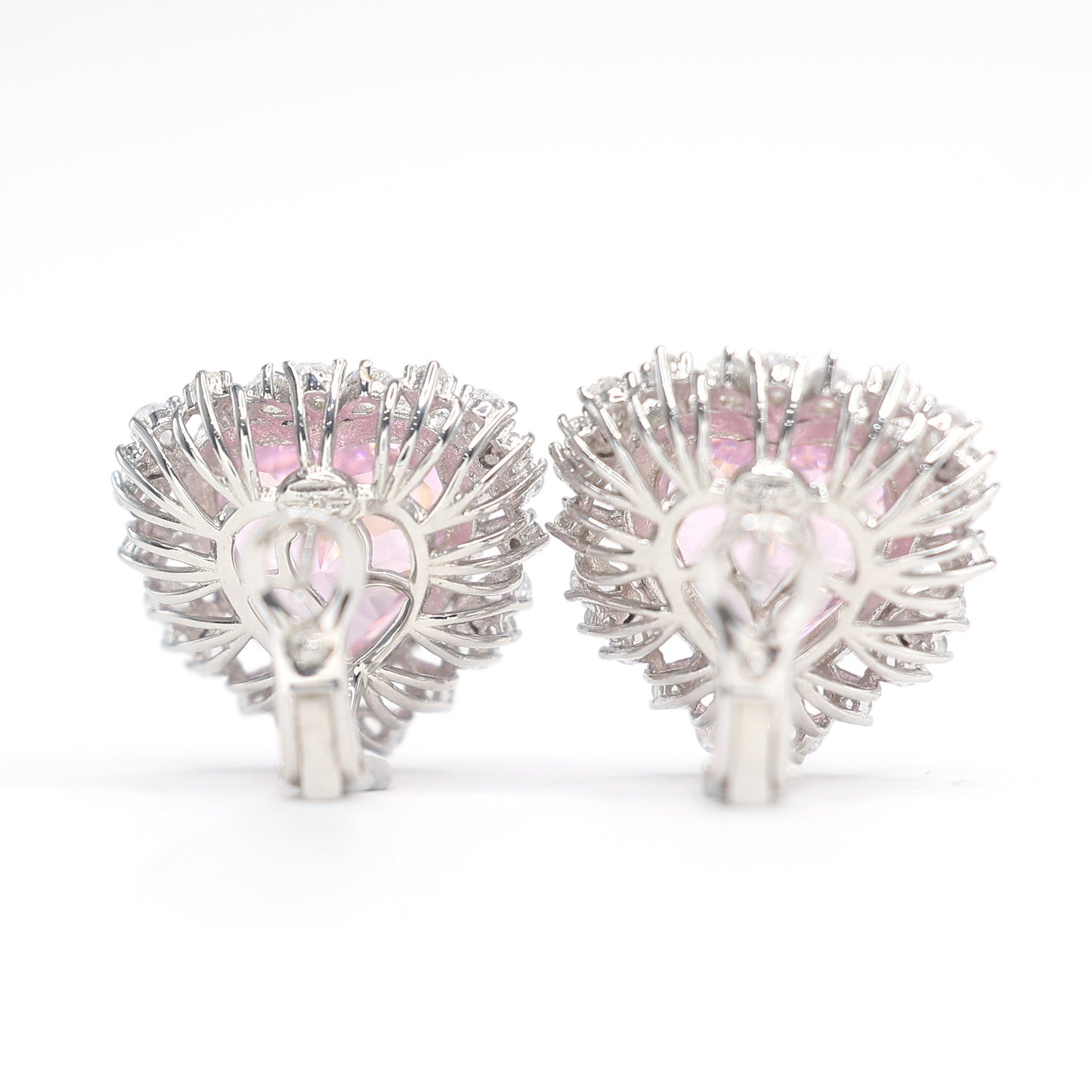 Micro-setting Pink diamond color Lab created stones fancy fully studded heart earrings, sterling silver