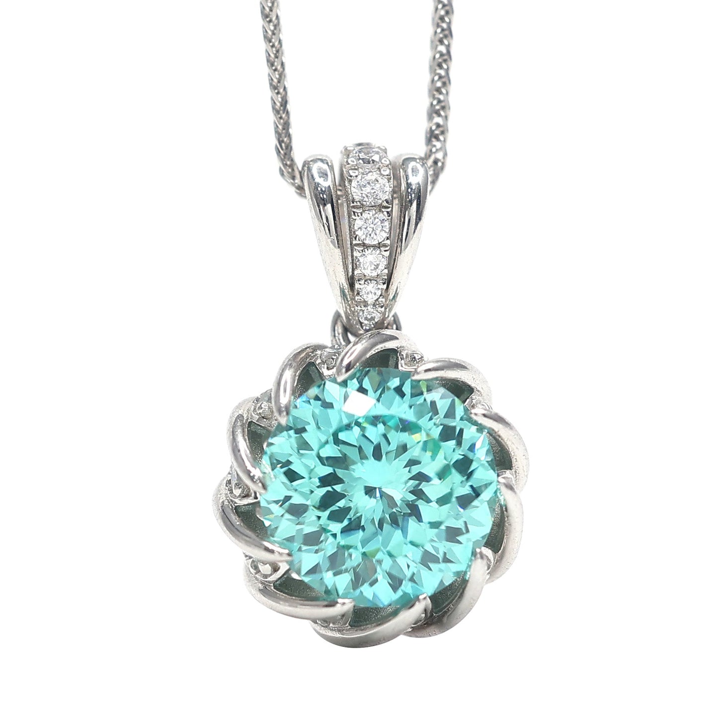 Micro-setting Paraiba color Lab created stones luxurious inlaid Lotus necklace,sterling silver