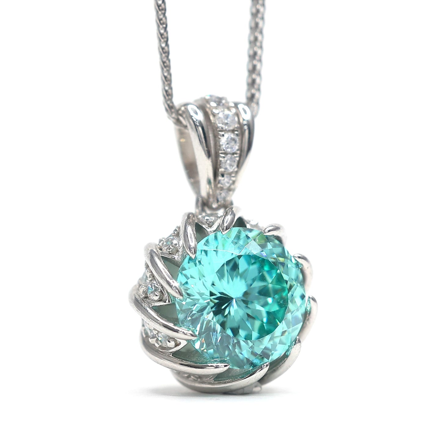 Micro-setting Paraiba color Lab created stones luxurious inlaid Lotus necklace,sterling silver