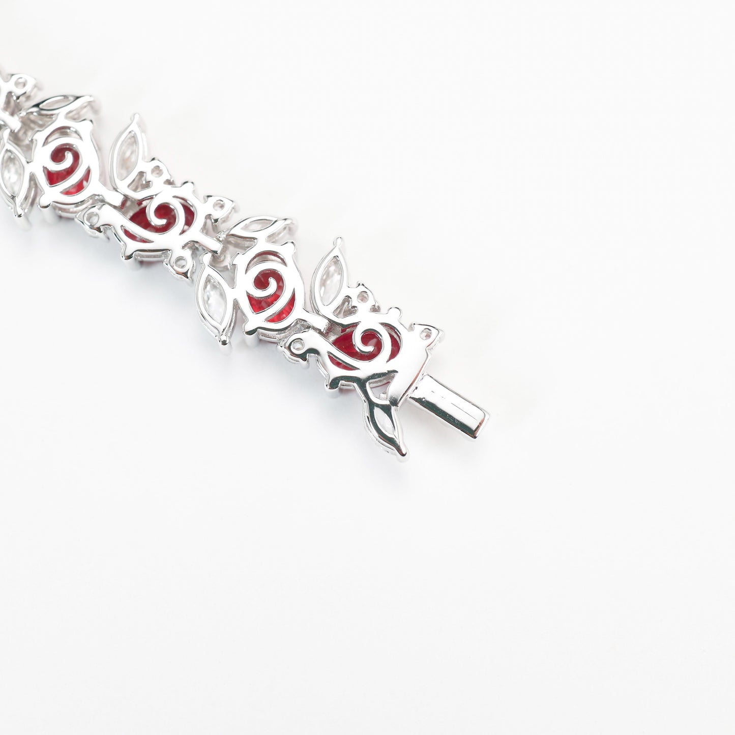 Micro-setting Ruby color Lab created stones Oval shape fully studded lace bracelet, sterling silver