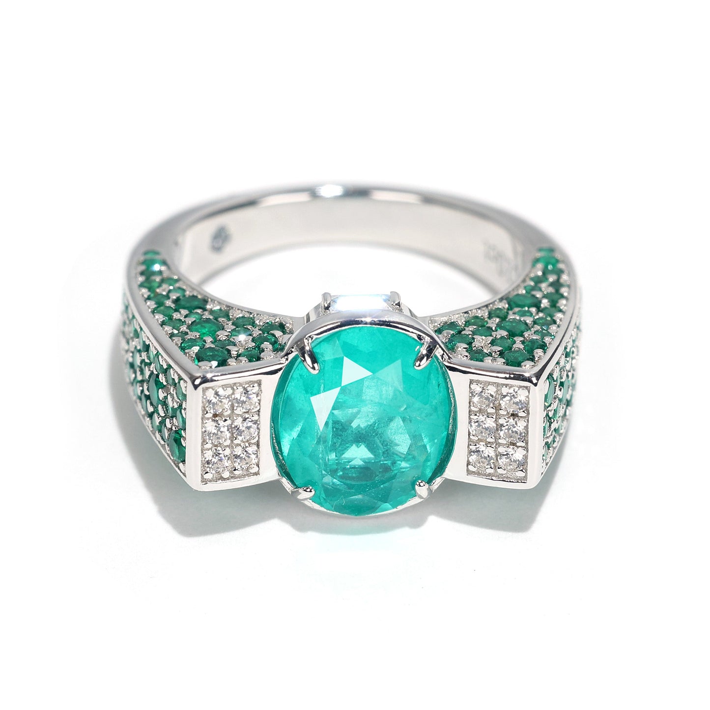 Limited edition Micro-setting Paraiba color Lab created stones Unique detailed ring, sterling silver