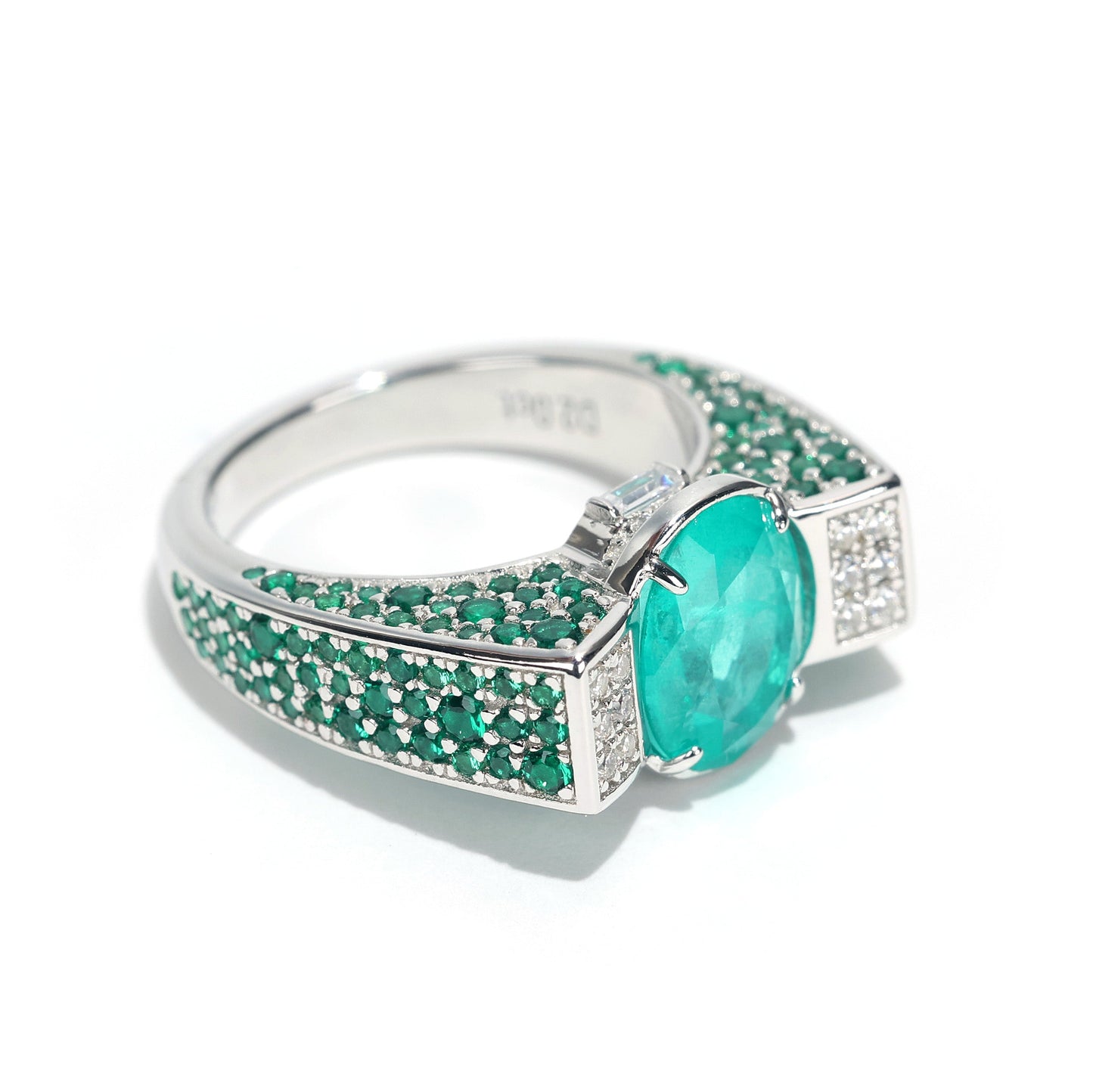 Limited edition Micro-setting Paraiba color Lab created stones Unique detailed ring, sterling silver
