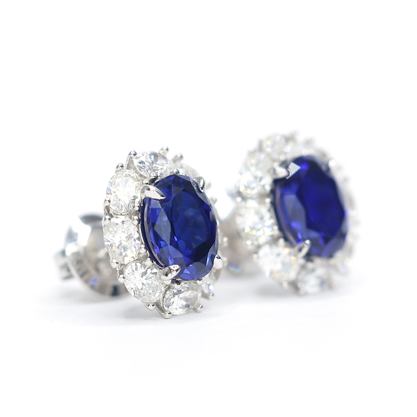 Promotional design Micro-setting Sapphire color lab created stones oval shape diana earrings, sterling silver