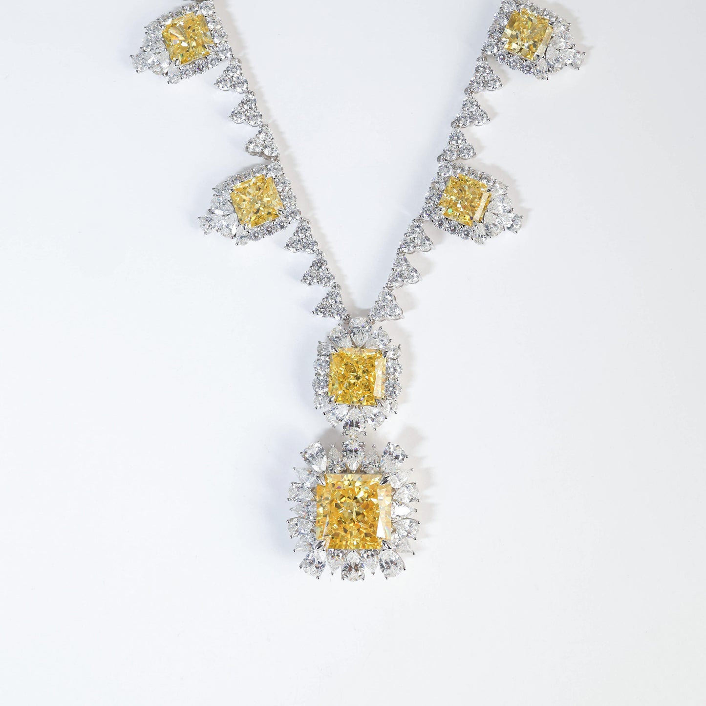 Micro-setting Yellow diamond color Lab created stones Fancy detailed dress necklace, sterling silver