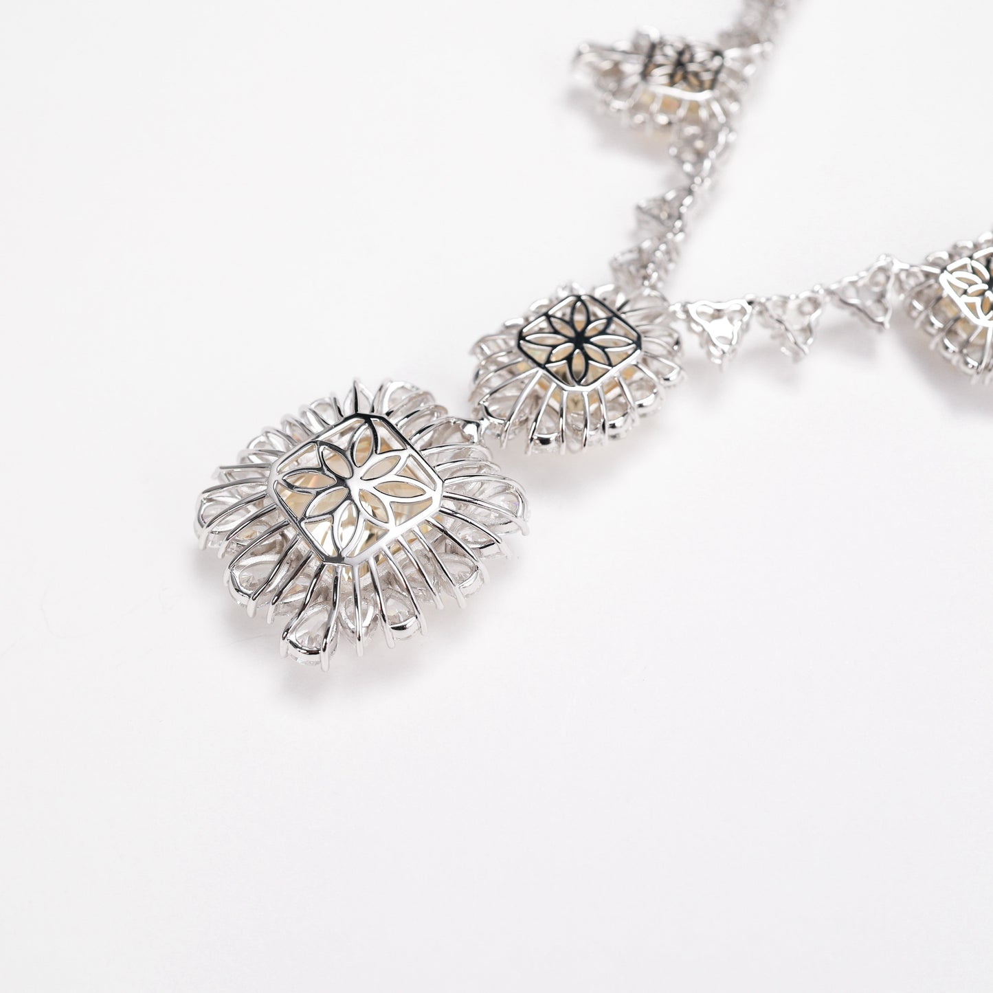 Micro-setting Yellow diamond color Lab created stones Fancy detailed dress necklace, sterling silver