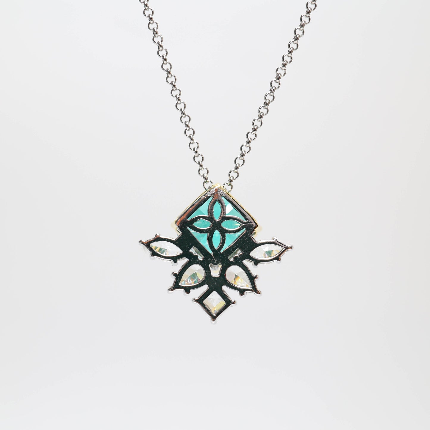 Micro-setting Square apple green color half flower double platting necklace, sterling silver