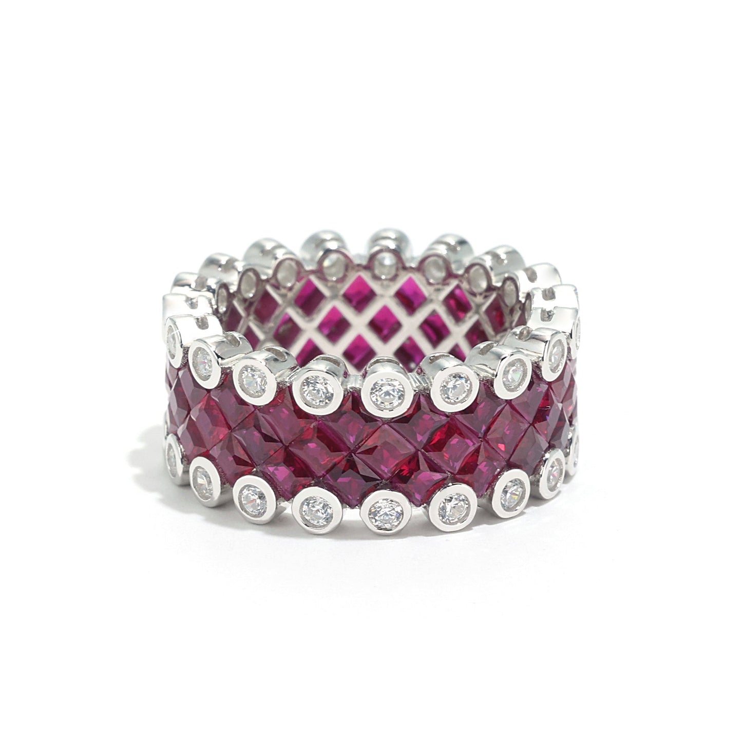 Micro-setting Ruby color invisible-setting Lab created stones Wide band ring, sterling silver
