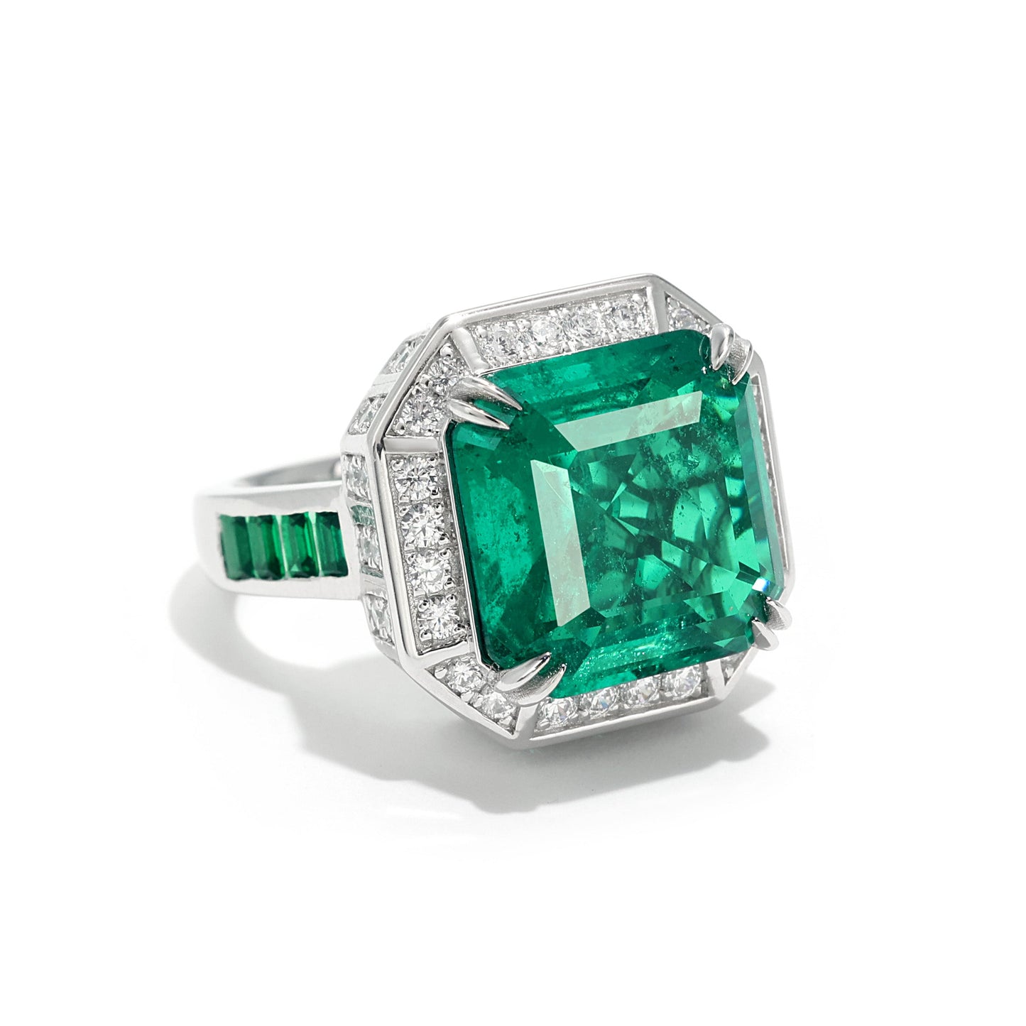 Micro-setting Emerald color lab created stones Forest fantasy ring, sterling silver