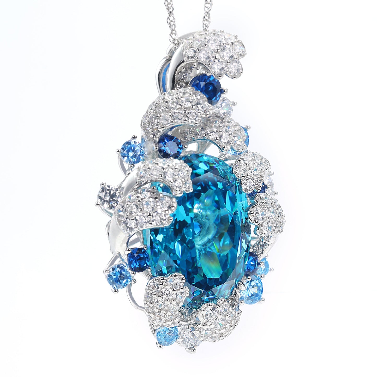 Only 1 Micro-setting Deep Aquamarine color Lab created stones Waves in the Maldives pendant,sterling silver