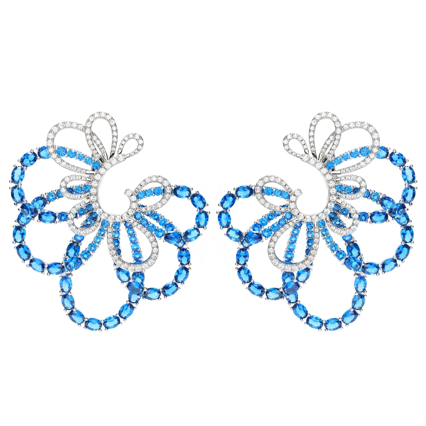 Micro-setting Sapphire color fully studded Lab created stones peacock earrings, sterling silver.