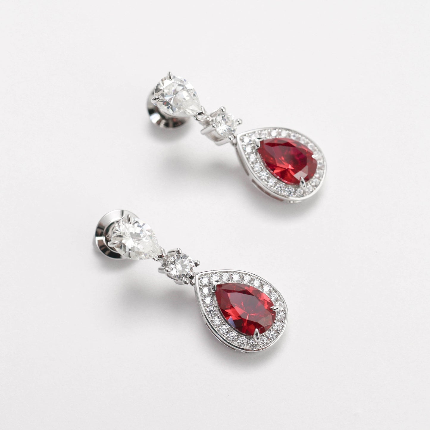 Micro-setting Ruby color Lab created stones water-drop dangle earrings, sterling silver