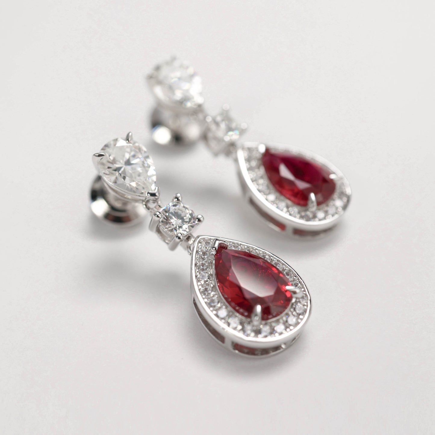 Micro-setting Ruby color Lab created stones water-drop dangle earrings, sterling silver