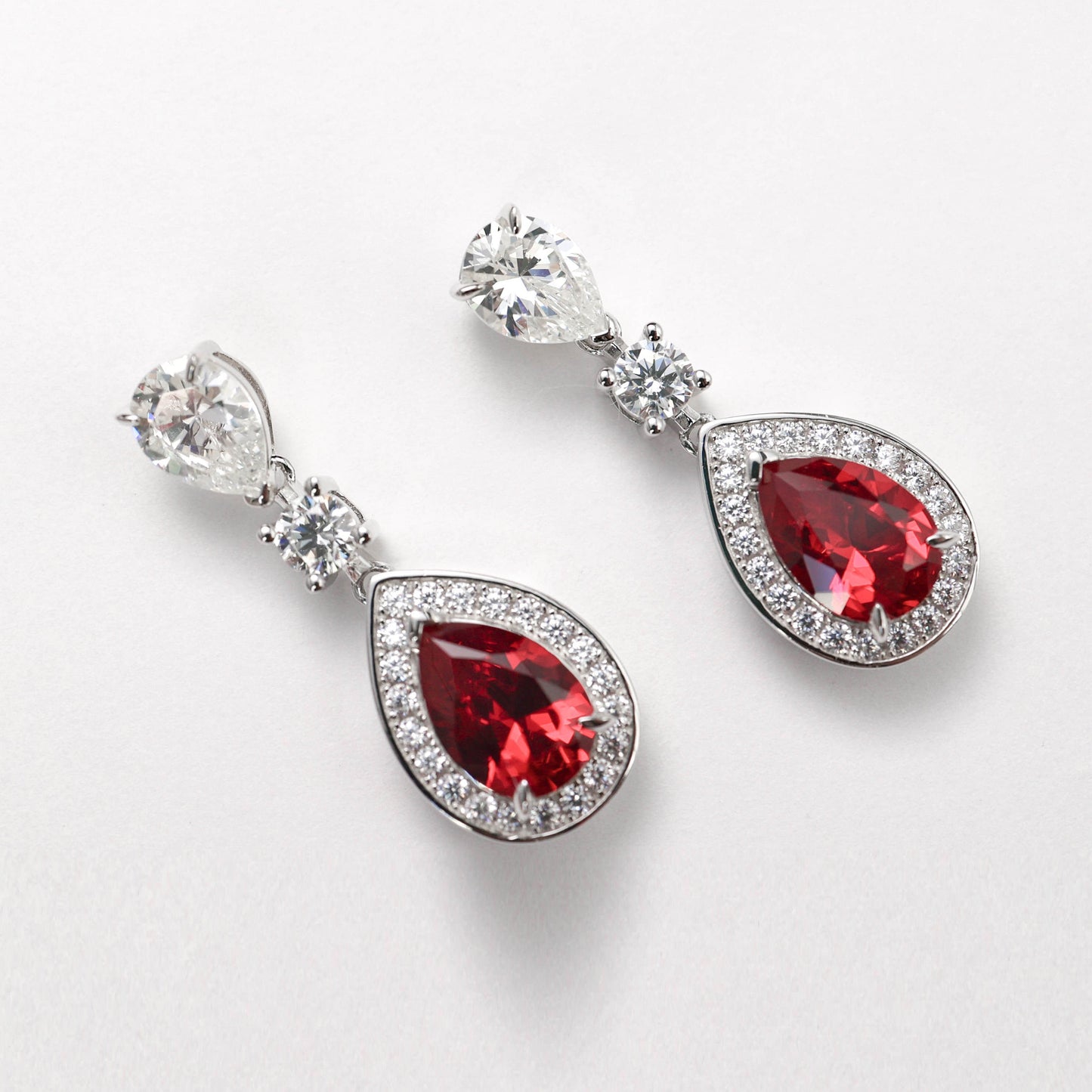 Micro-setting Ruby color Lab created stones water-drop dangle earrings, sterling silver