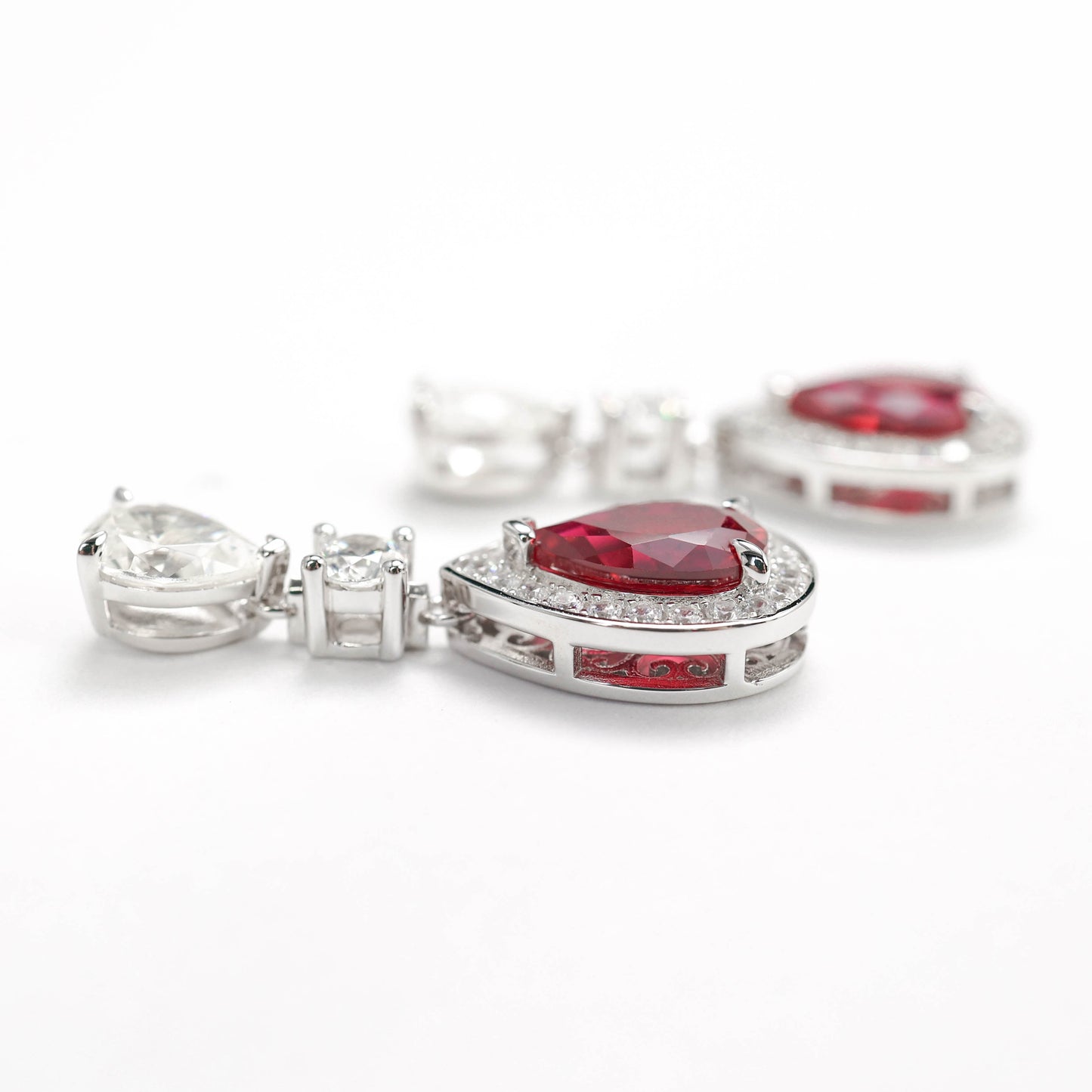 Micro-setting Ruby color Lab created stones water-drop dangle earrings, sterling silver