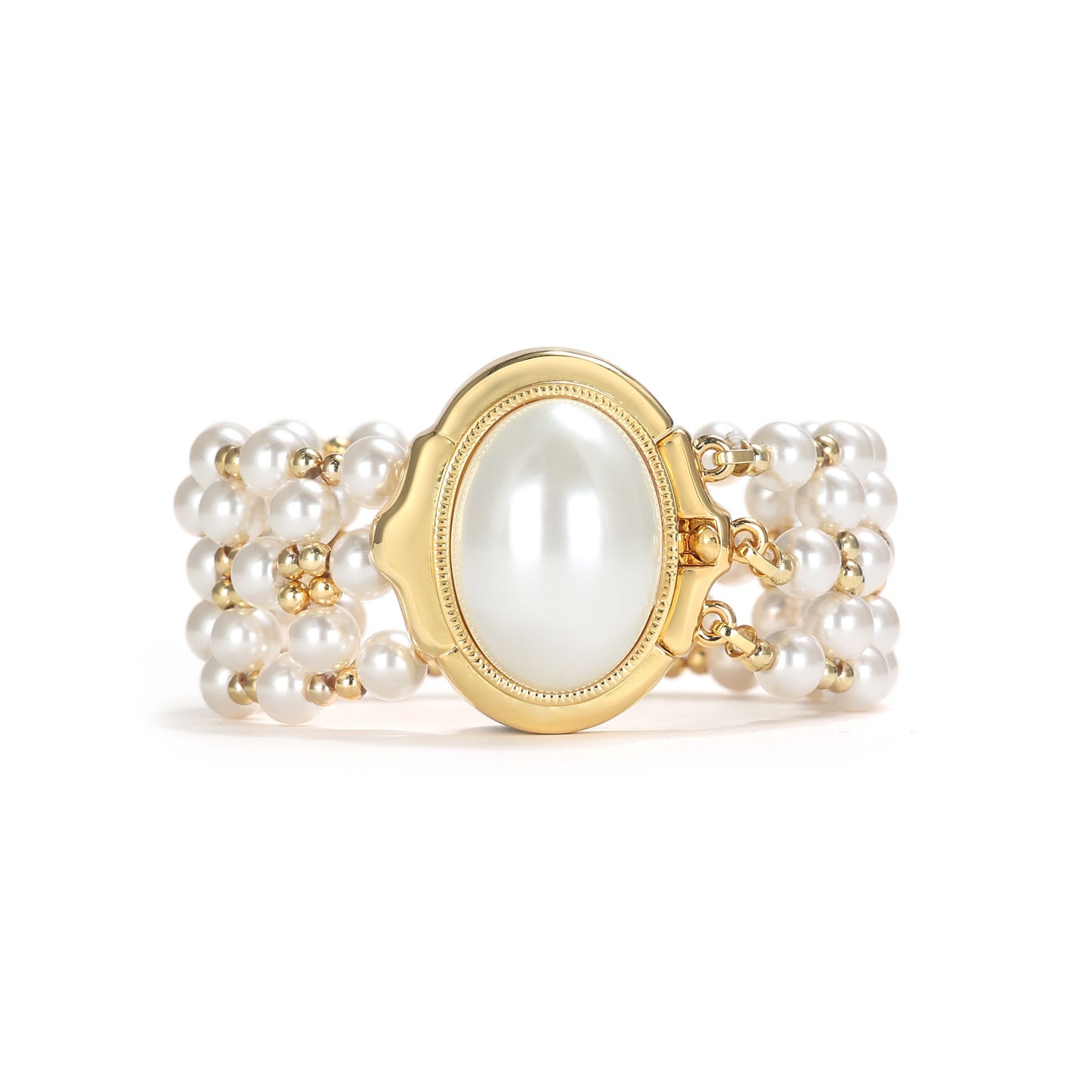 Reservation design Retro style Fashion bracelet, brass with white ABS pearls and 18K yellow gold platting