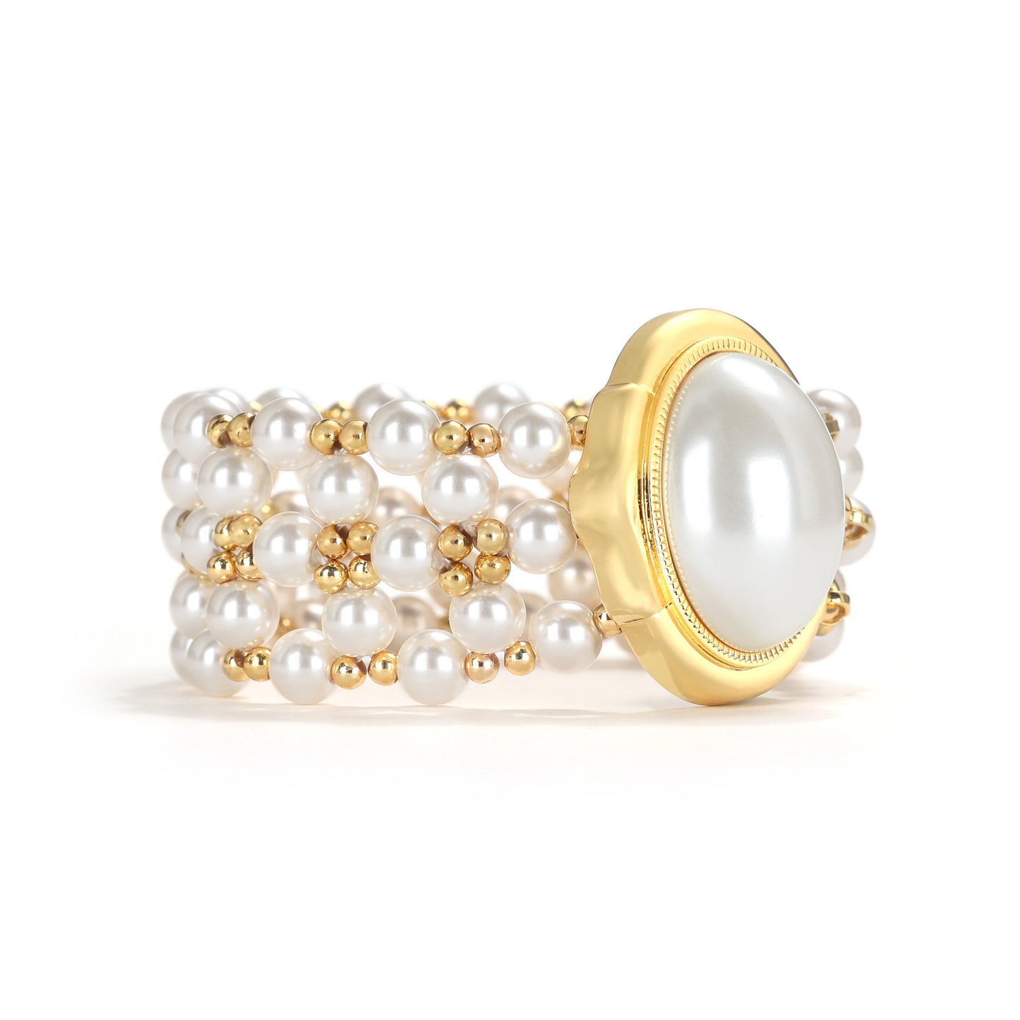 Reservation design Retro style Fashion bracelet, brass with white ABS pearls and 18K yellow gold platting