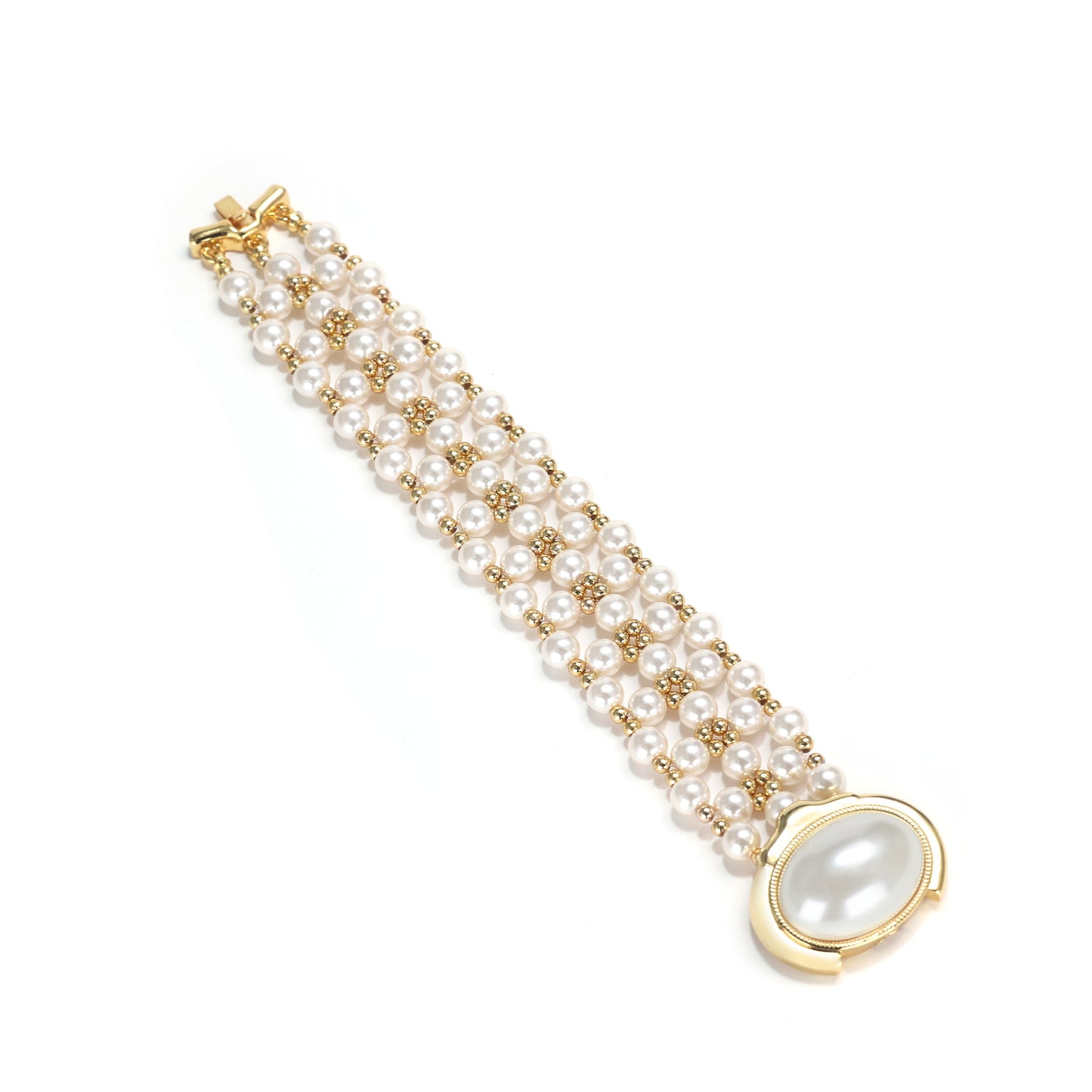 Reservation design Retro style Fashion bracelet, brass with white ABS pearls and 18K yellow gold platting